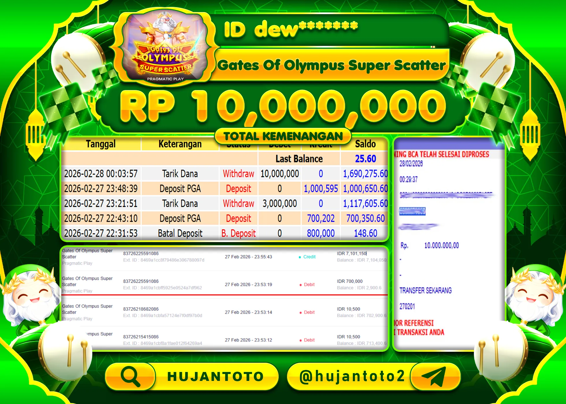 HUJANTOTO - BUKTI JACKPOT MENANG SLOT GATES OF OLYMPUS SUPER SCATTER Rp.10,000,000 - TERBAYAR LUNAS