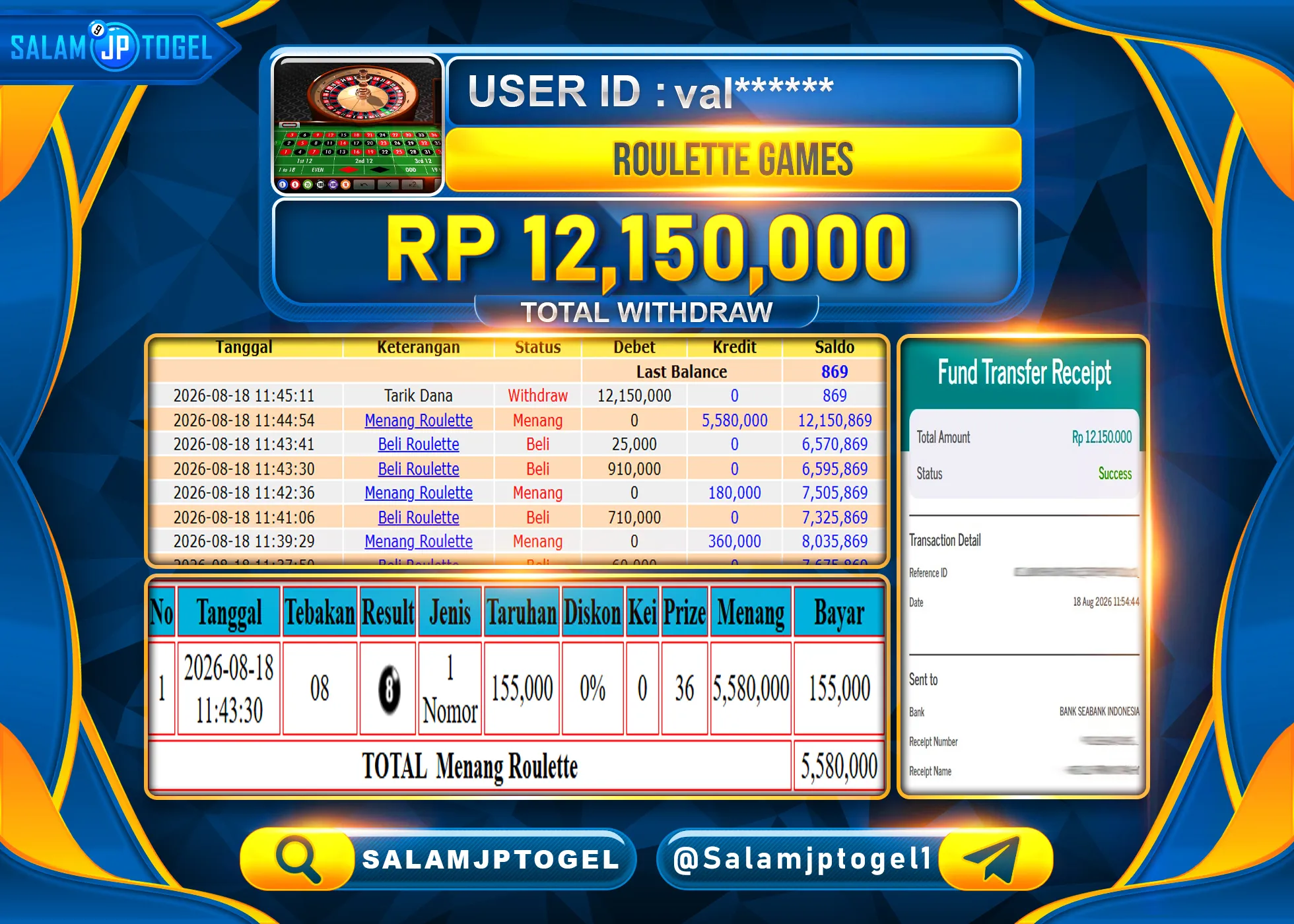 SALAMJPTOGEL JACKPOT MENANG CASINO ROULETTE GAMES ONLINE Rp.12,150,000 - LUNAS