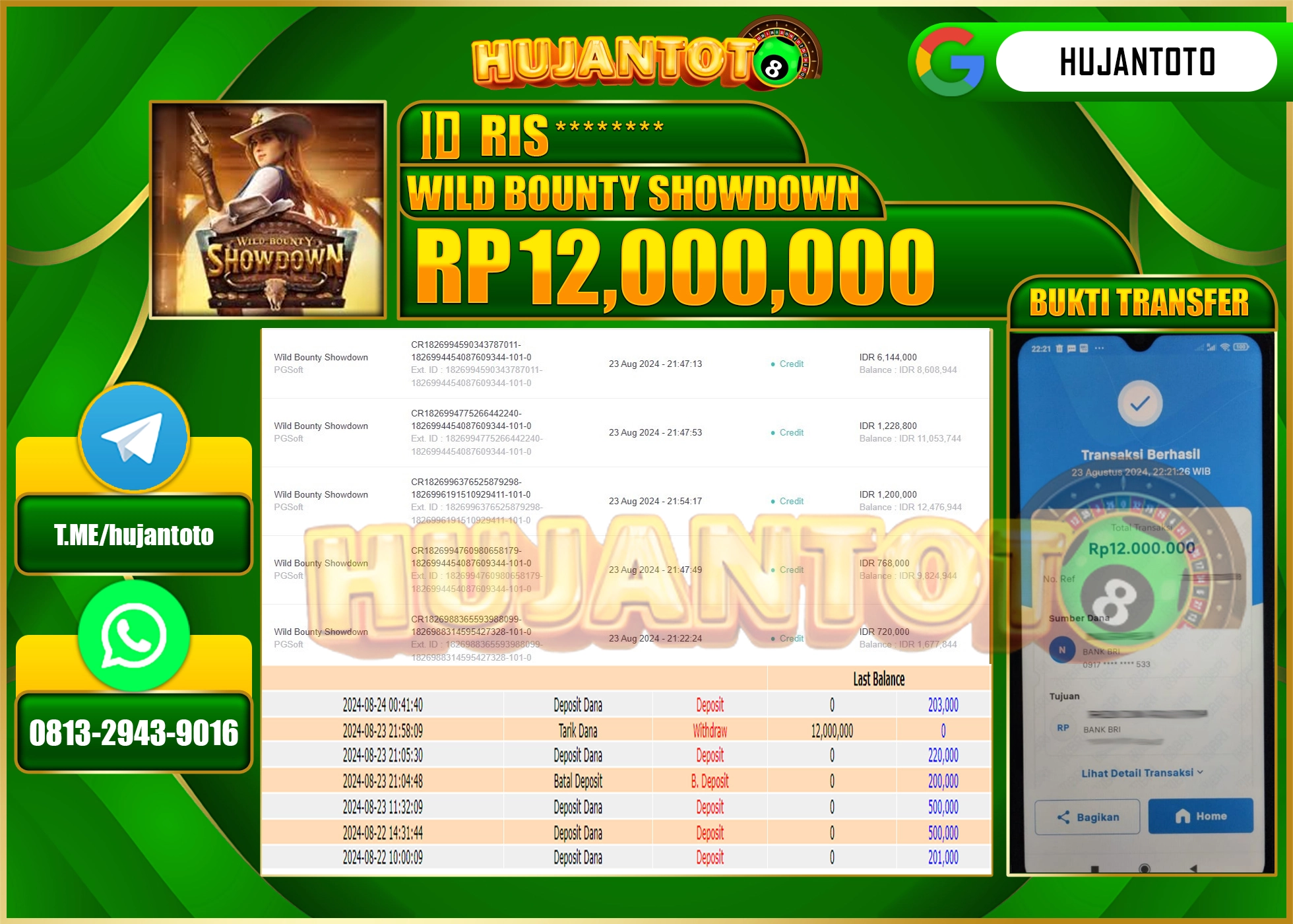 HUJANTOTO MENANG DI PERMAINAN SLOT WILD BOUNTY 12.000.000 - LUNAS 