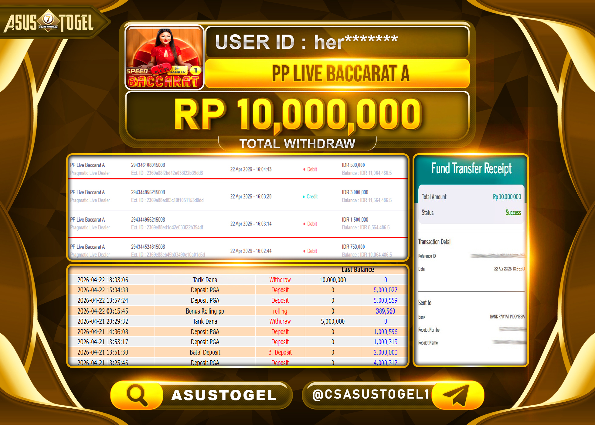 ASUSTOGEL KEMENANGAN JACKPOT DI PERMAINAN PP LIVE BACCARAT A SEBESAR Rp.10,000,000 - RUPIAH LUNAS