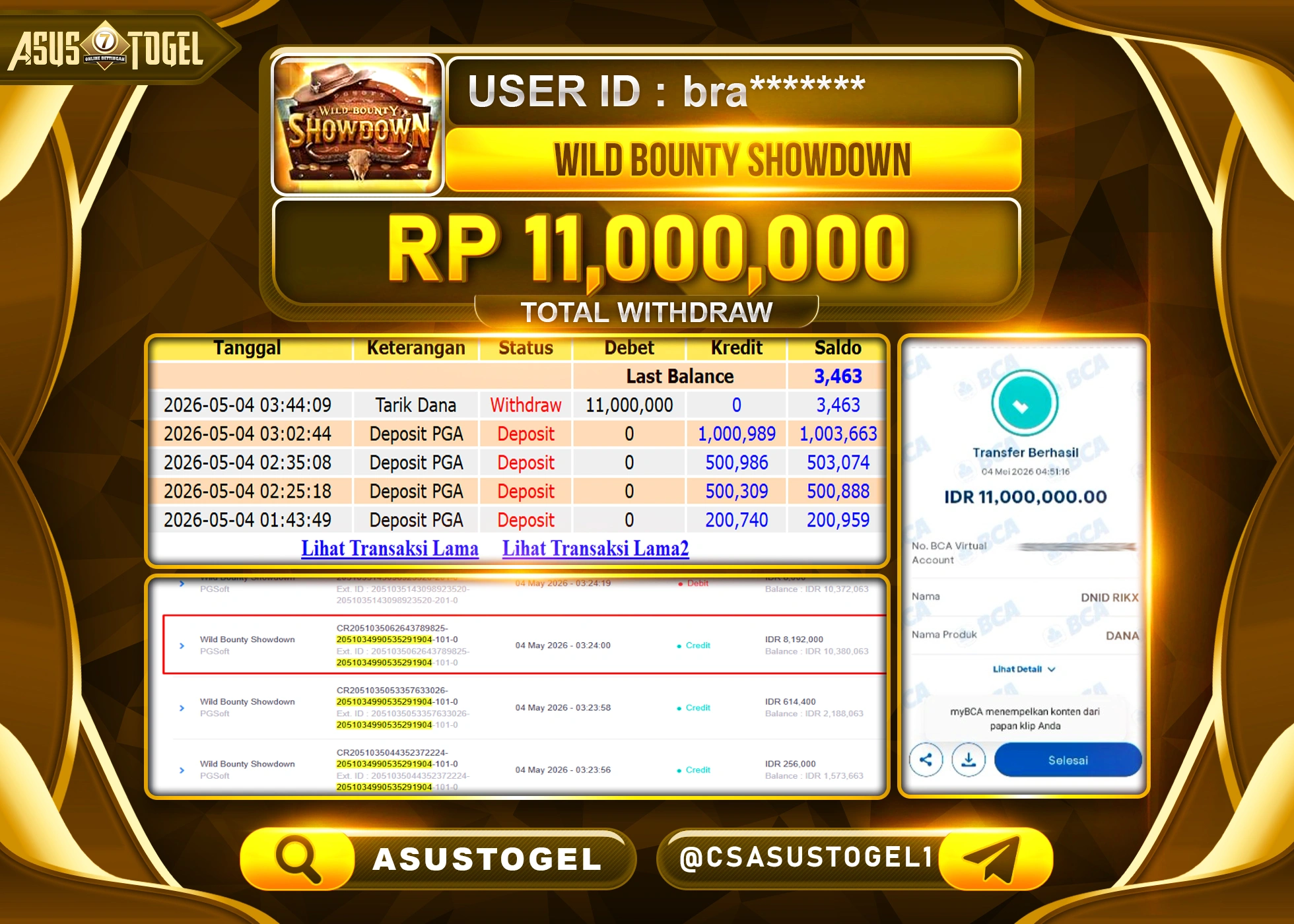 ASUSTOGEL KEMENANGAN JACKPOT DI PERMAINAN WILD BOUNTY SHOWDOWN SEBESAR Rp.11,000,000 - RUPIAH LUNAS
