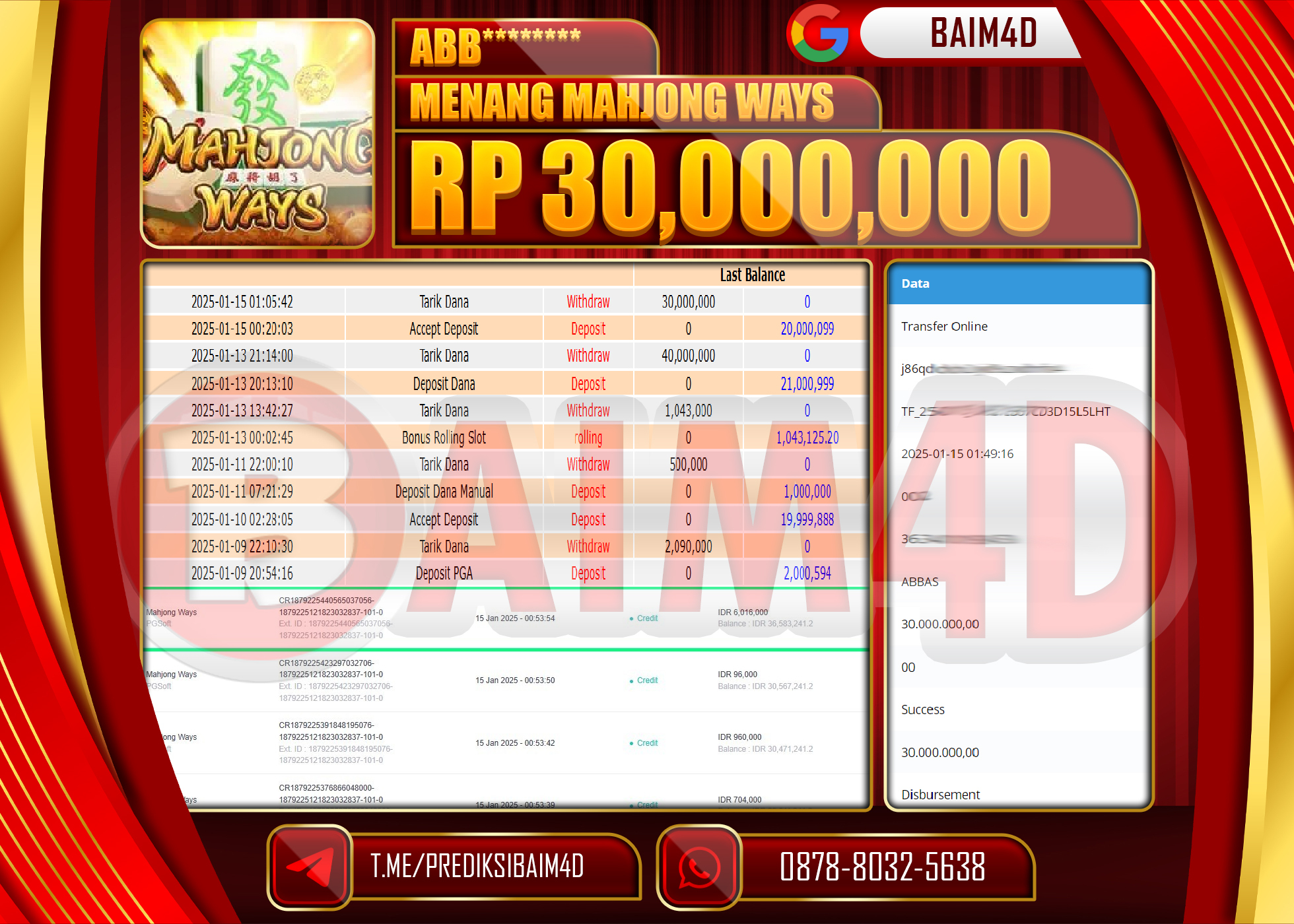 BAIM4D JACKPOT Menang MAHJONG WAYS   Rp.30,000,000.- LUNAS