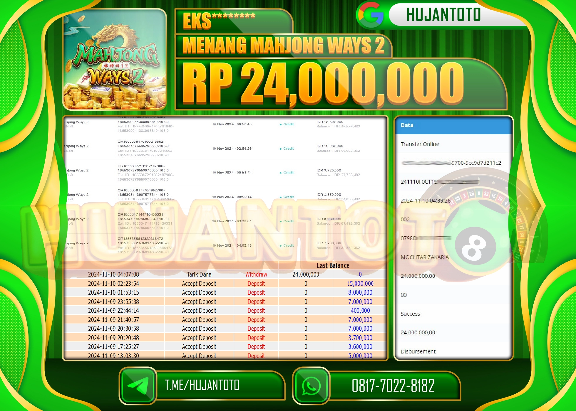 HUJANTOTO MENANG DI PERMAINAN  DI RAIH SLOT MAHJONG WAYS 2 - 24,000,000  - LUNAS
