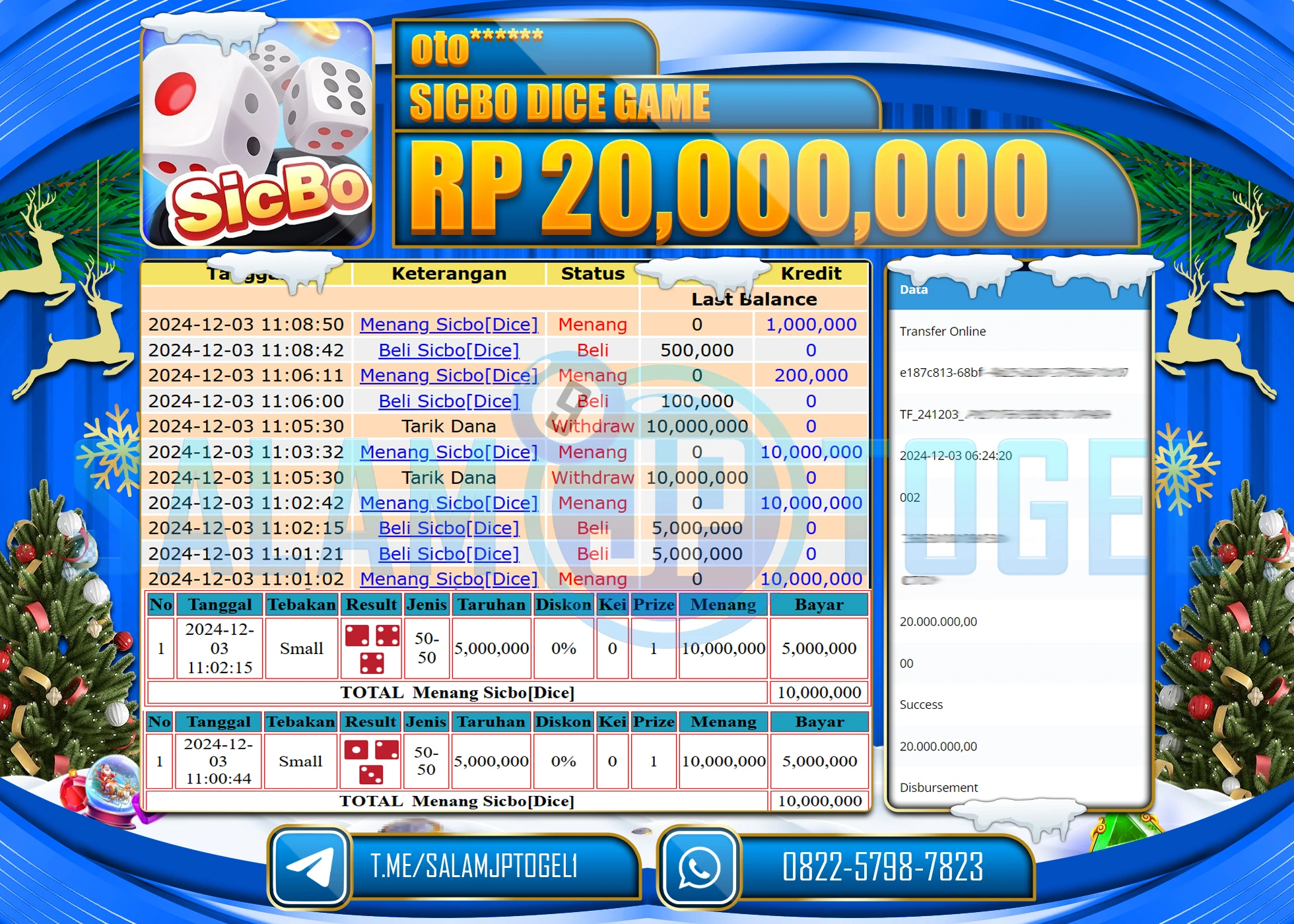 SALAMJPTOGEL MENANG LIVE GAMES SICBO DICE RP. 20,000,000 LUNAS