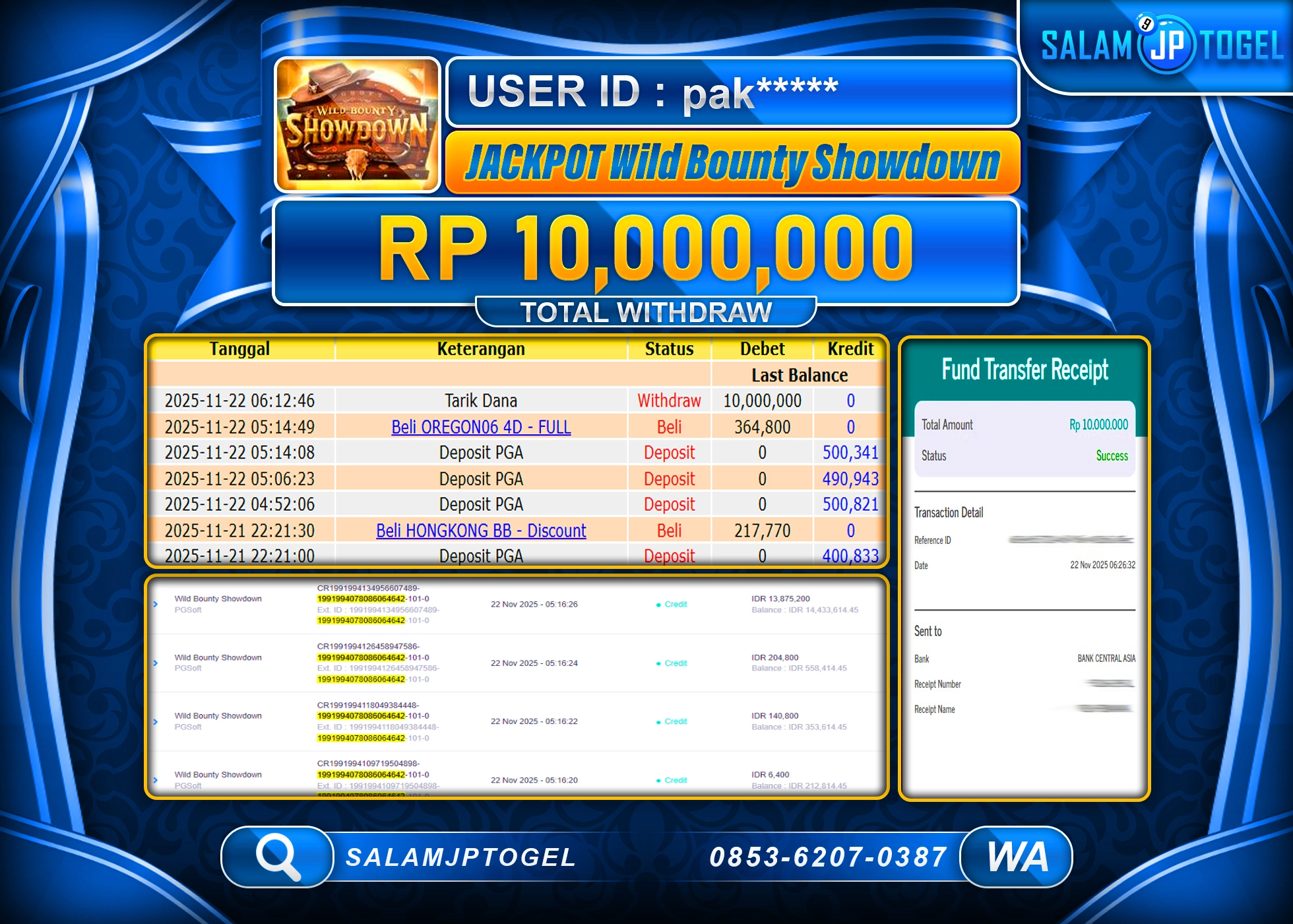SALAMJPTOGEL MENANG WILD BOUNTY SHOWDOWN  Rp.10,000,000  - LUNAS