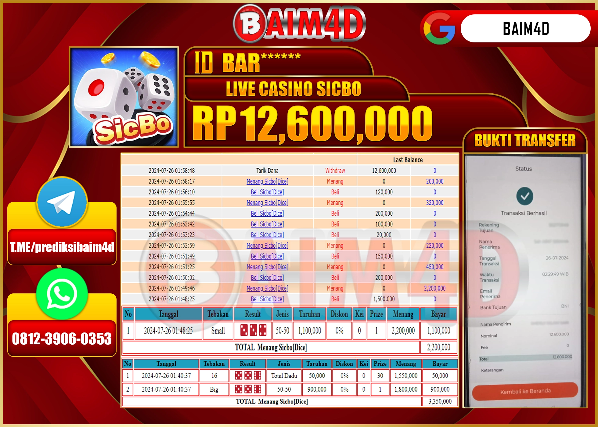 BAIM4D JACKPOT  LIVE CASINO SICBO Rp.12.600,000.- LUNAS