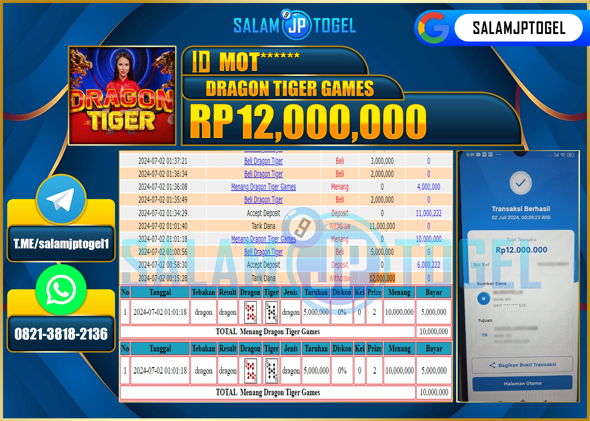 SALAMJPTOGEL MENANG Dragon Tiger RP. 12,000,000.,LUNAS