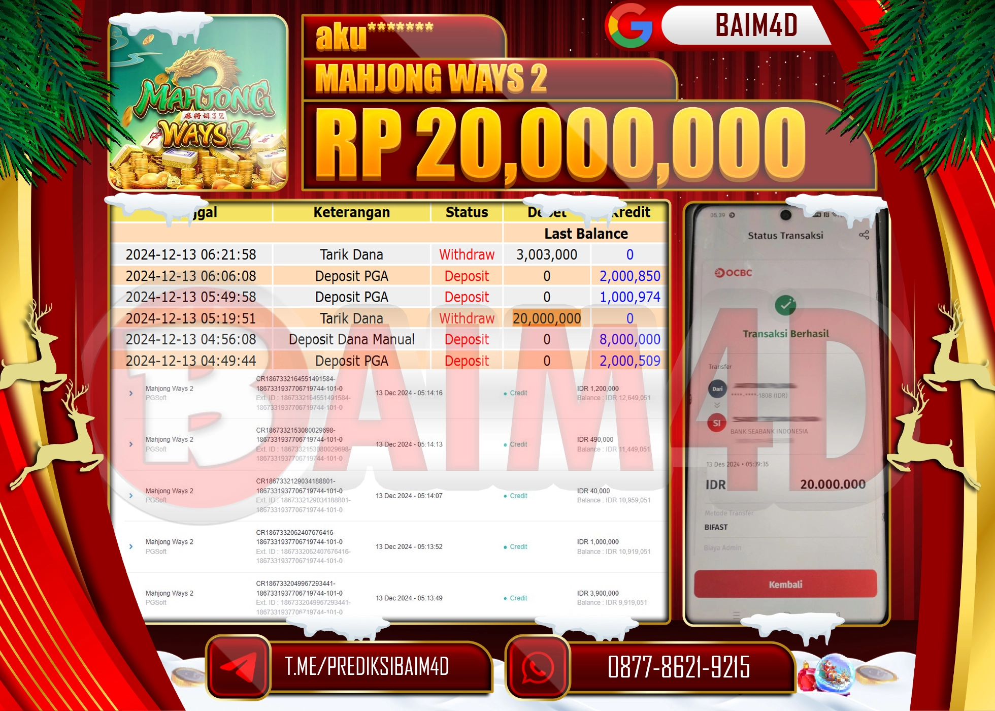 BAIM4D JACKPOT PG SOFT MAHJONG WAYS 2  Rp.20.000,000.- LUNAS