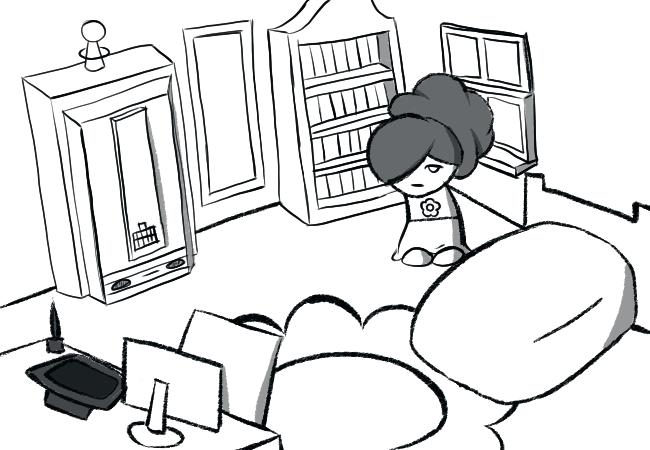 A woman with her hair tyed back looks at the design of her bedroom. There's a bed, bookshelf, window, flower rug, computer desk with tablet, a dresser, and a mirror.