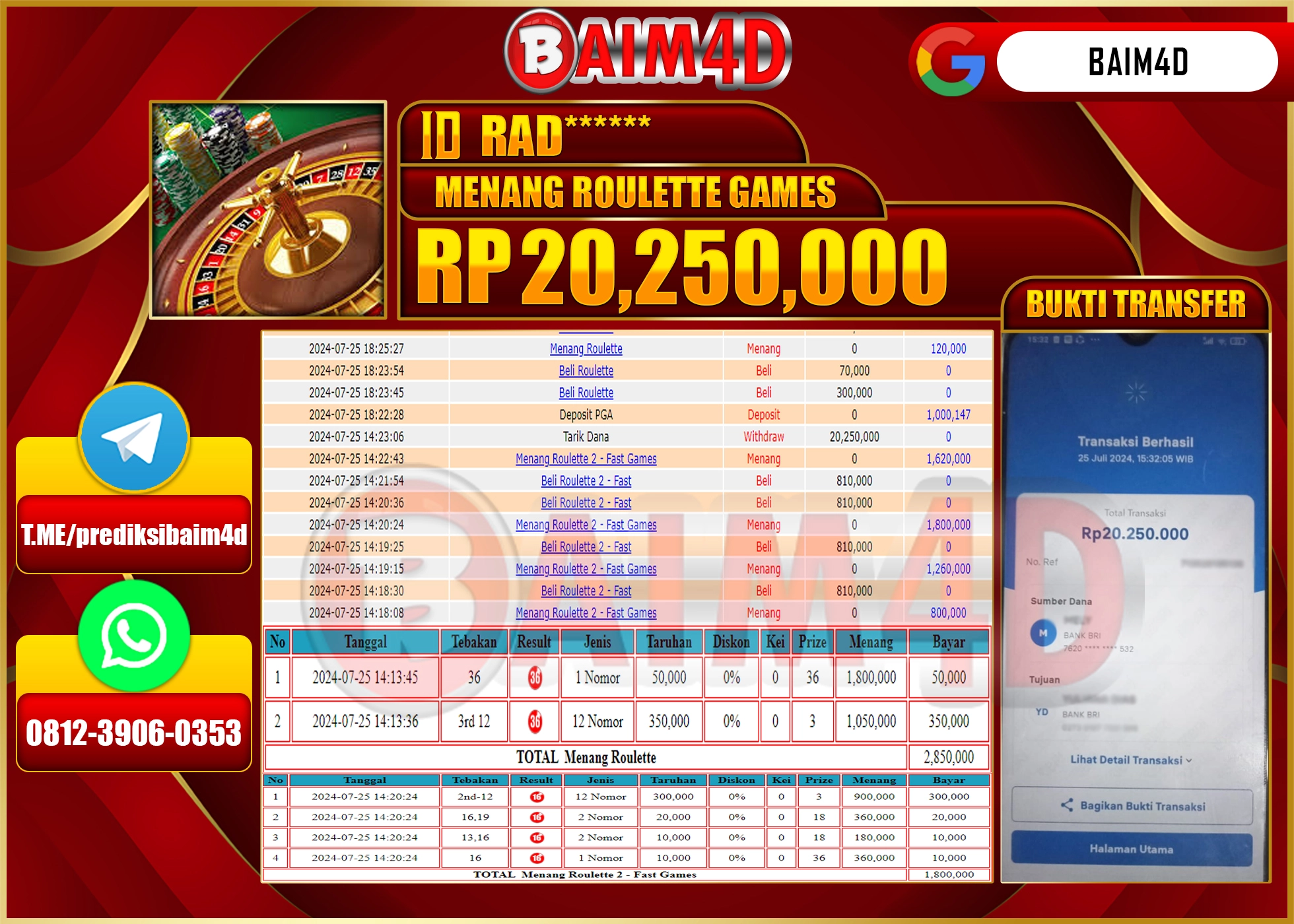 BAIM4D JACKPOT  LIVE GAME ROULETTE Rp.20.250,000.- LUNAS