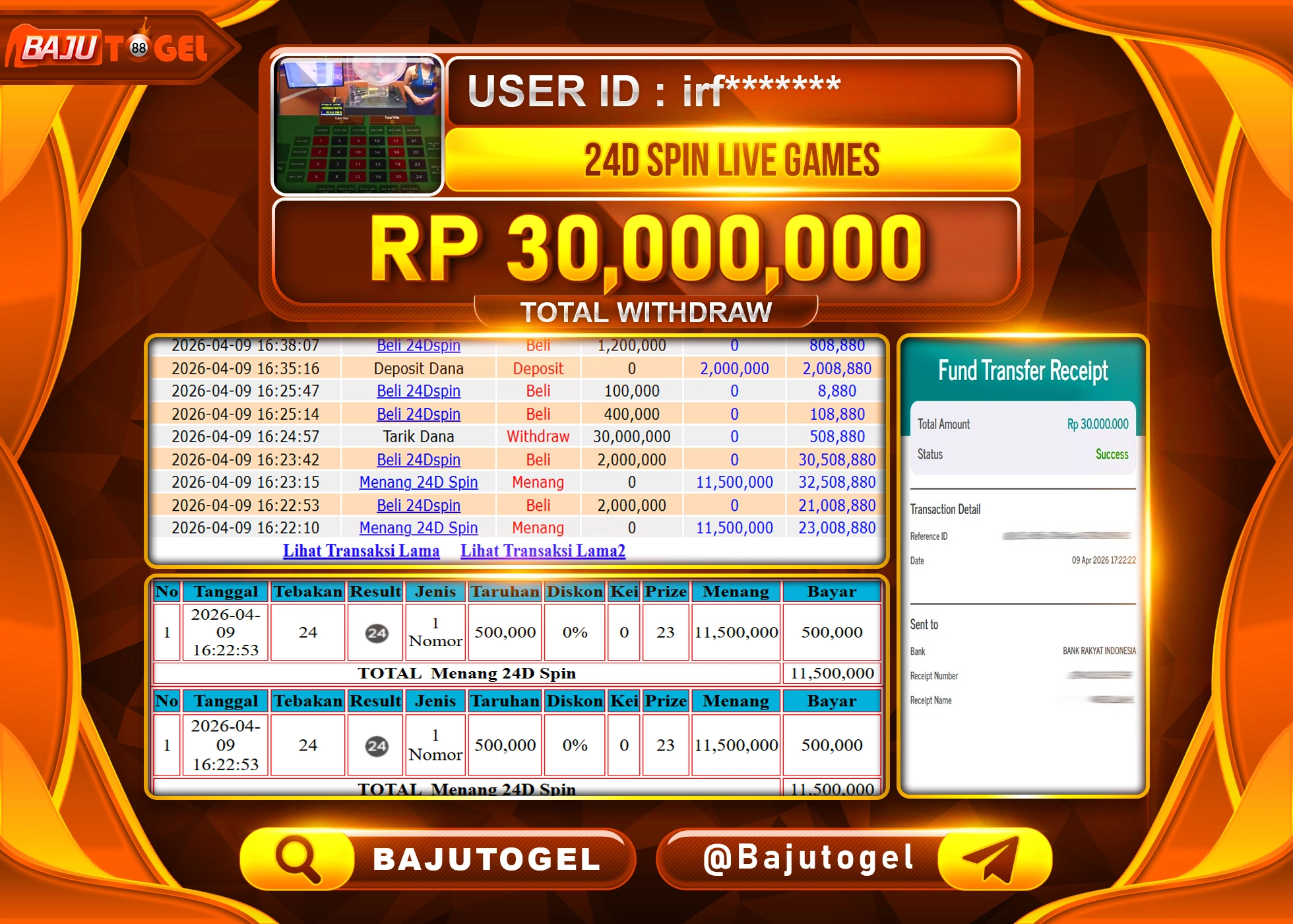 BAJUTOGEL KEMENANGAN DI 24D SPIN LIVE GAMES  Rp.30,000,000 LUNAS