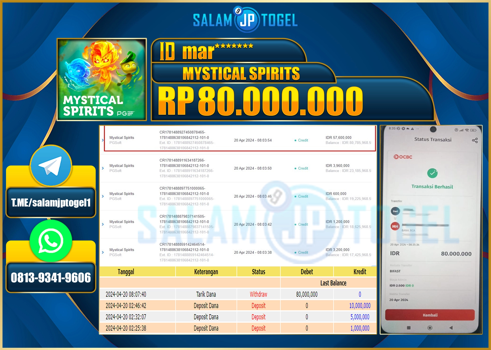 SALAMJPTOGEL JACKPOT SLOT MYSTICAL SPIRITS RP.80.000.000.,- LUNAS