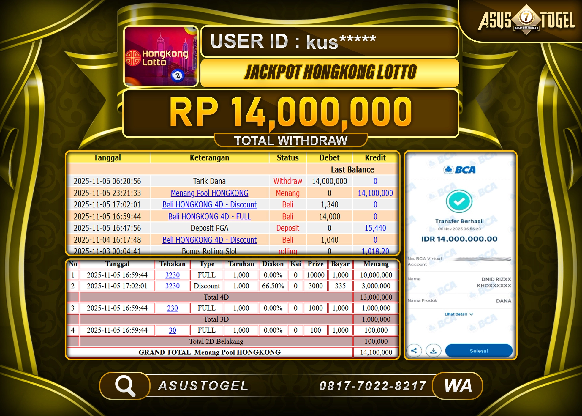 ASUSTOGEL KEMENANGAN DI TOGEL HONGKONG LOTTO SEBESAR 14,000,000 - RUPIAH LUNAS
