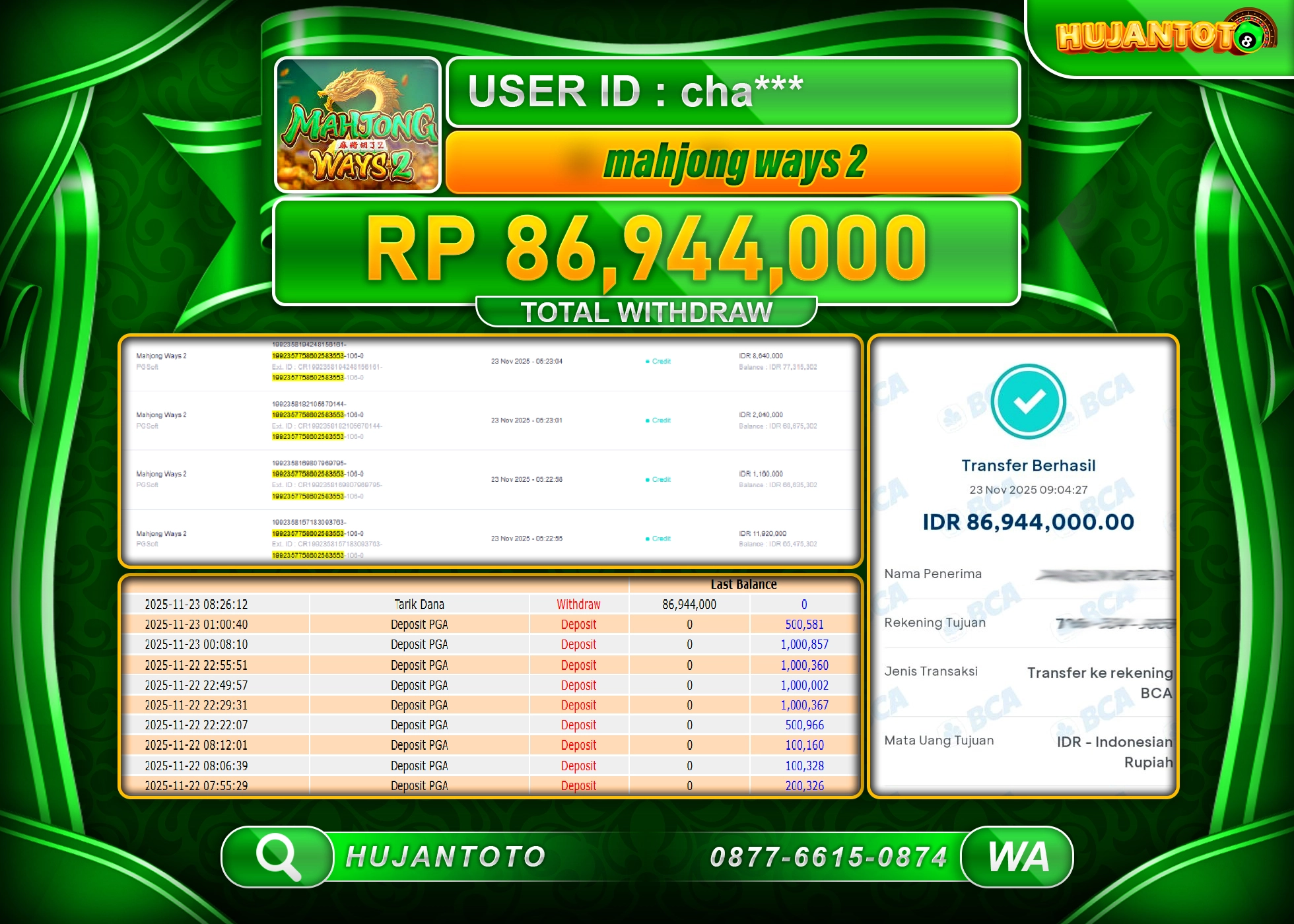HUJANTOTO - BUKTI JACKPOT MENANG SLOT MAHJONG WAYS 2 Rp.86,944,000 - TERBAYAR LUNAS