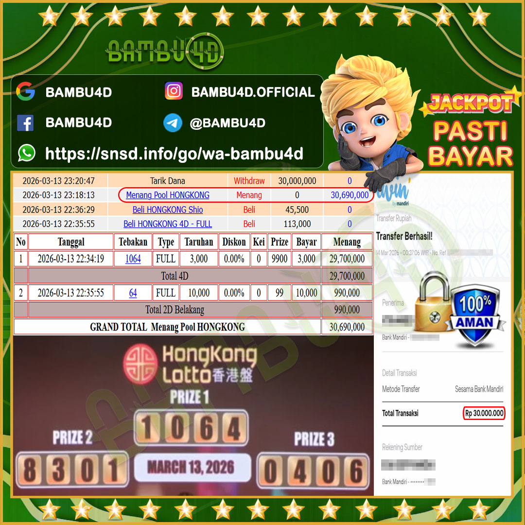 BAMBU4D JACKPOT TOGEL HONGKONG LOTTO Rp.30.690.000,- LUNAS