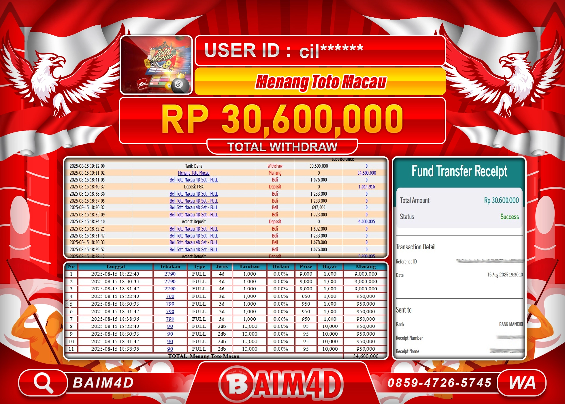 BAIM4D JACKPOT TOTO MACAU 4D Rp.30,600,000.- LUNAS