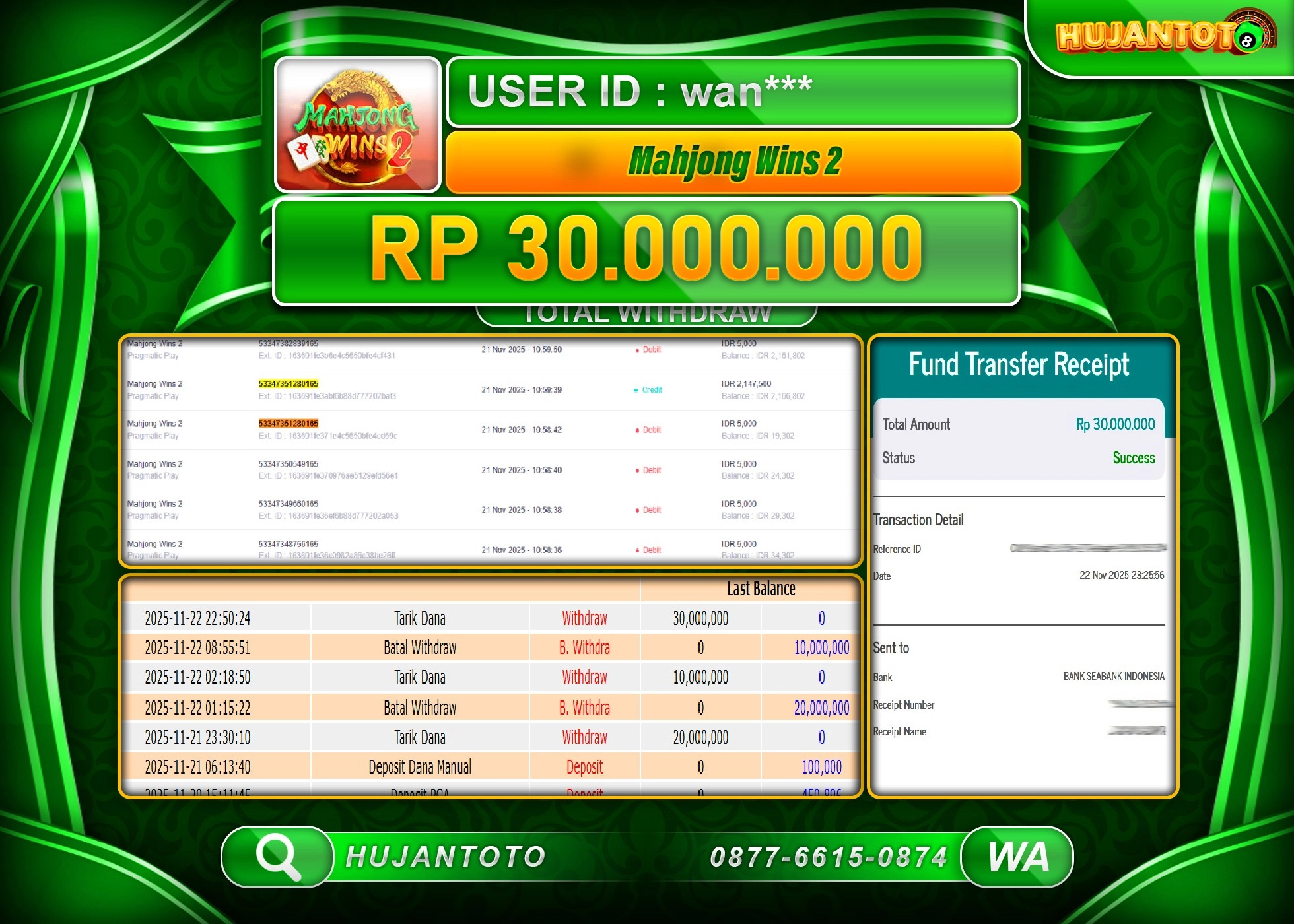 HUJANTOTO - BUKTI JACKPOT MENANG SLOT MAHJONG WINS 2 Rp.30,000,000 - TERBAYAR LUNAS