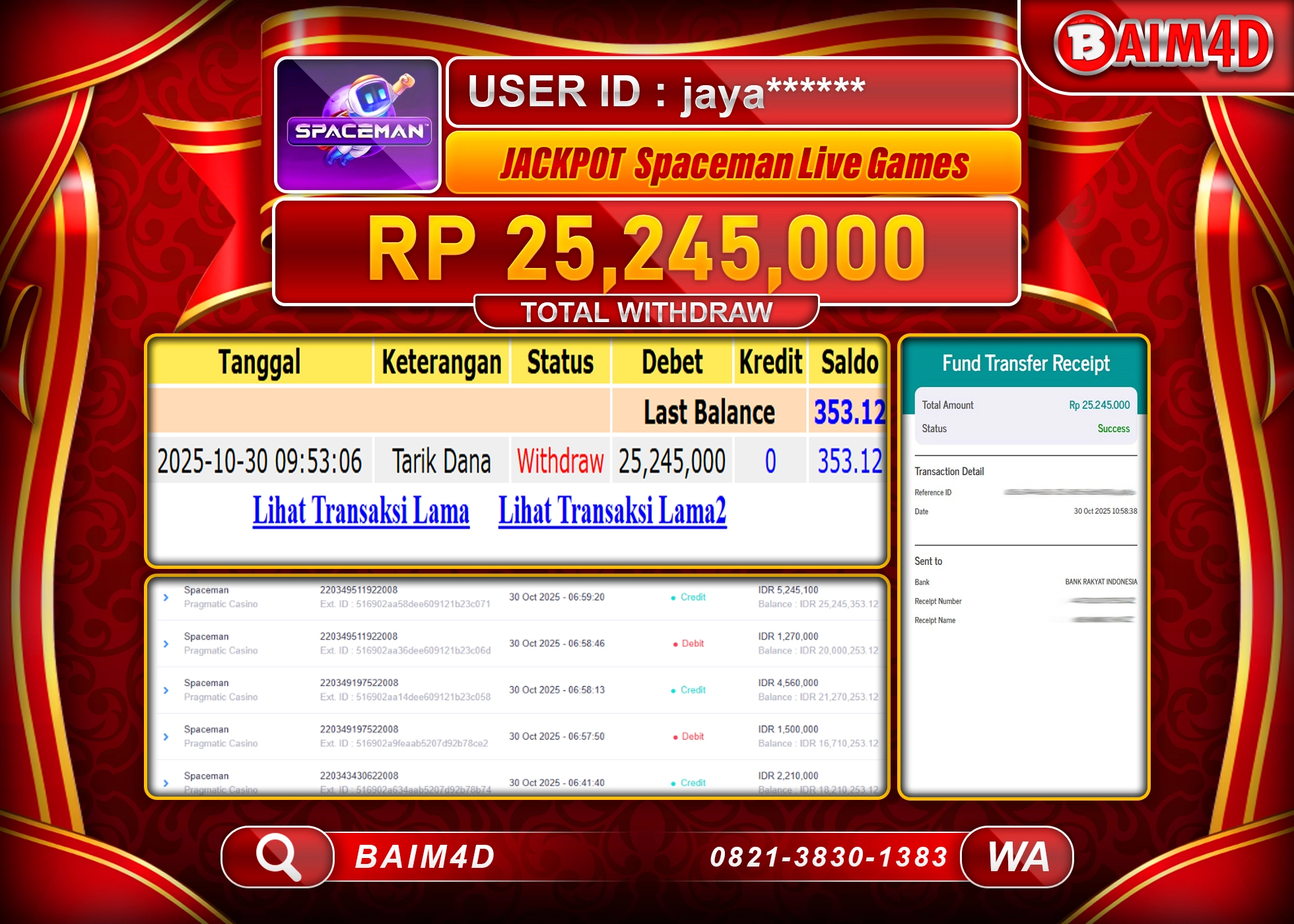BAIM4D JACKPOT SLOT SPACEMAN LIVE GAMES Rp.25,245,000 - LUNAS
