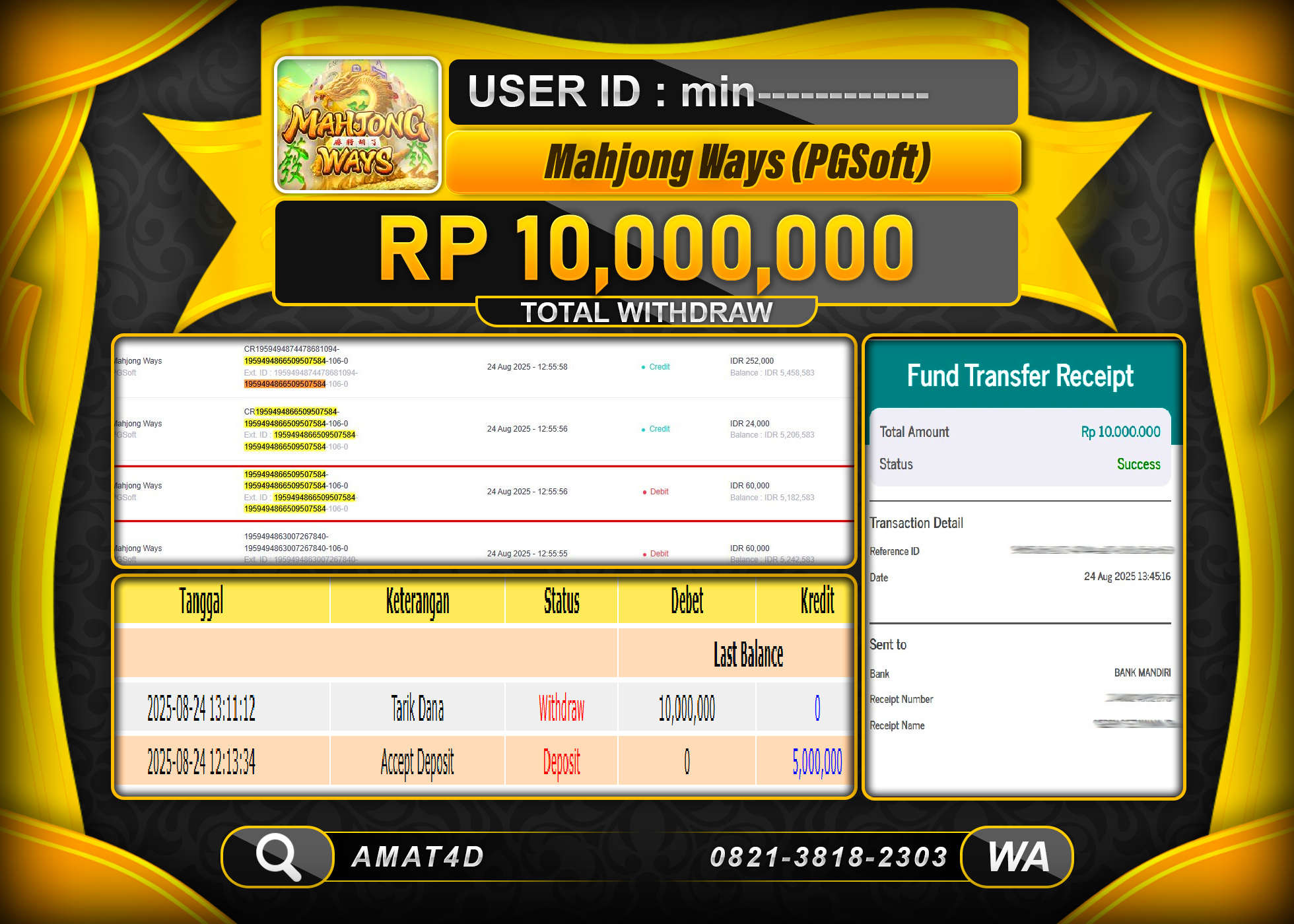AMAT4D MENANG DI SLOT GAME MAHJONG WAYS PGSOFT   Rp.10.000.000 BERHASIL TERBAYAR LUNAS