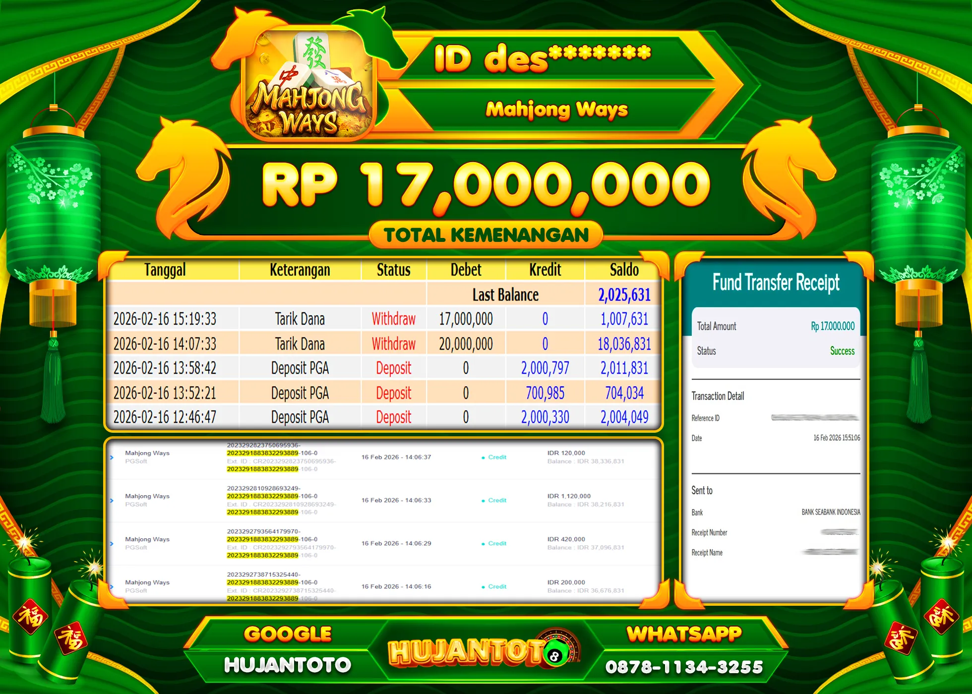 HUJANTOTO - BUKTI JACKPOT MENANG SLOT MAHJONG WAYS Rp.17,000,000 - TERBAYAR LUNAS