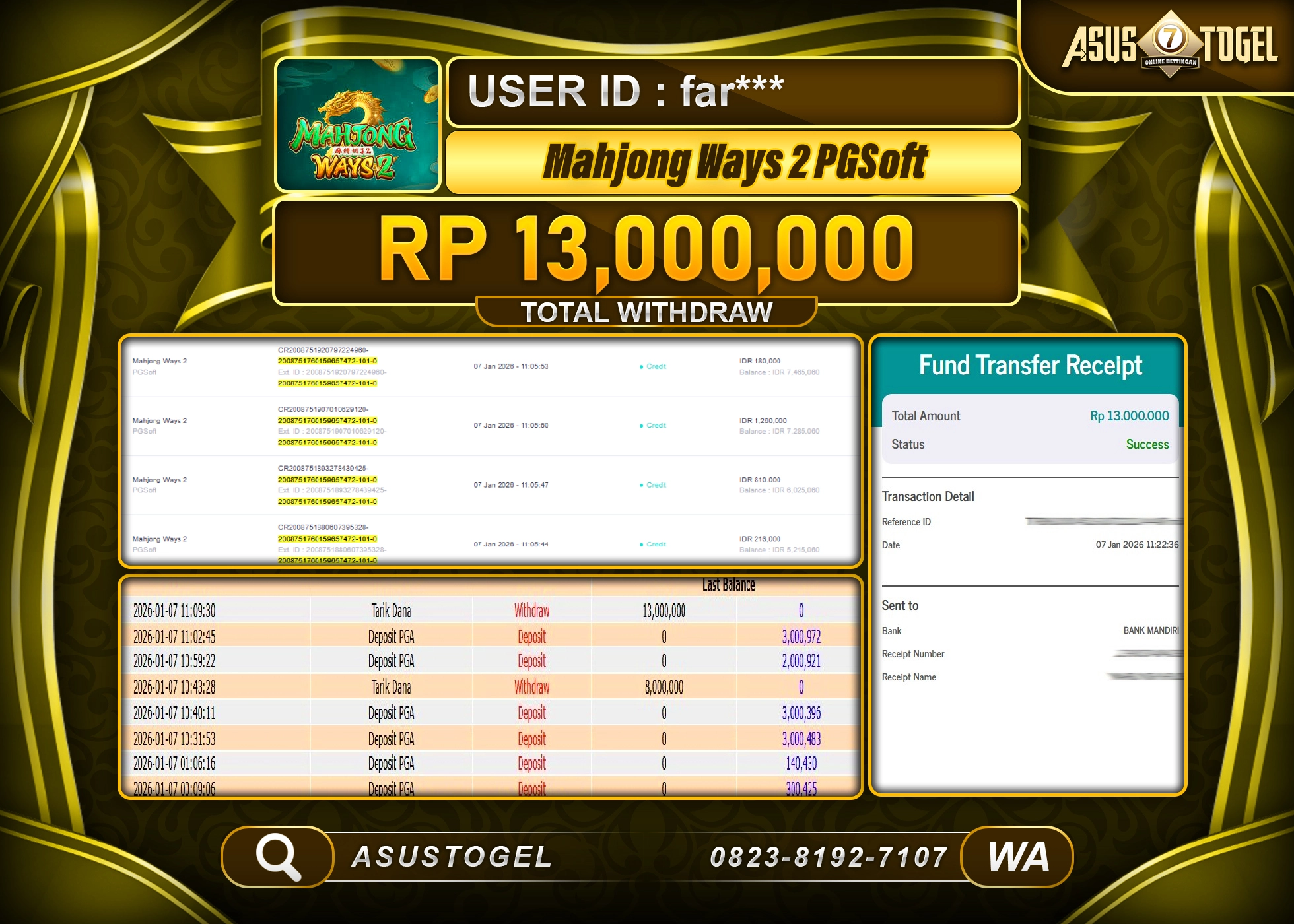 ASUSTOGEL KEMENANGAN DI SLOT MAHJONG WAYS 2 PGSOFT SEBESAR 13,000,000 - RUPIAH LUNAS