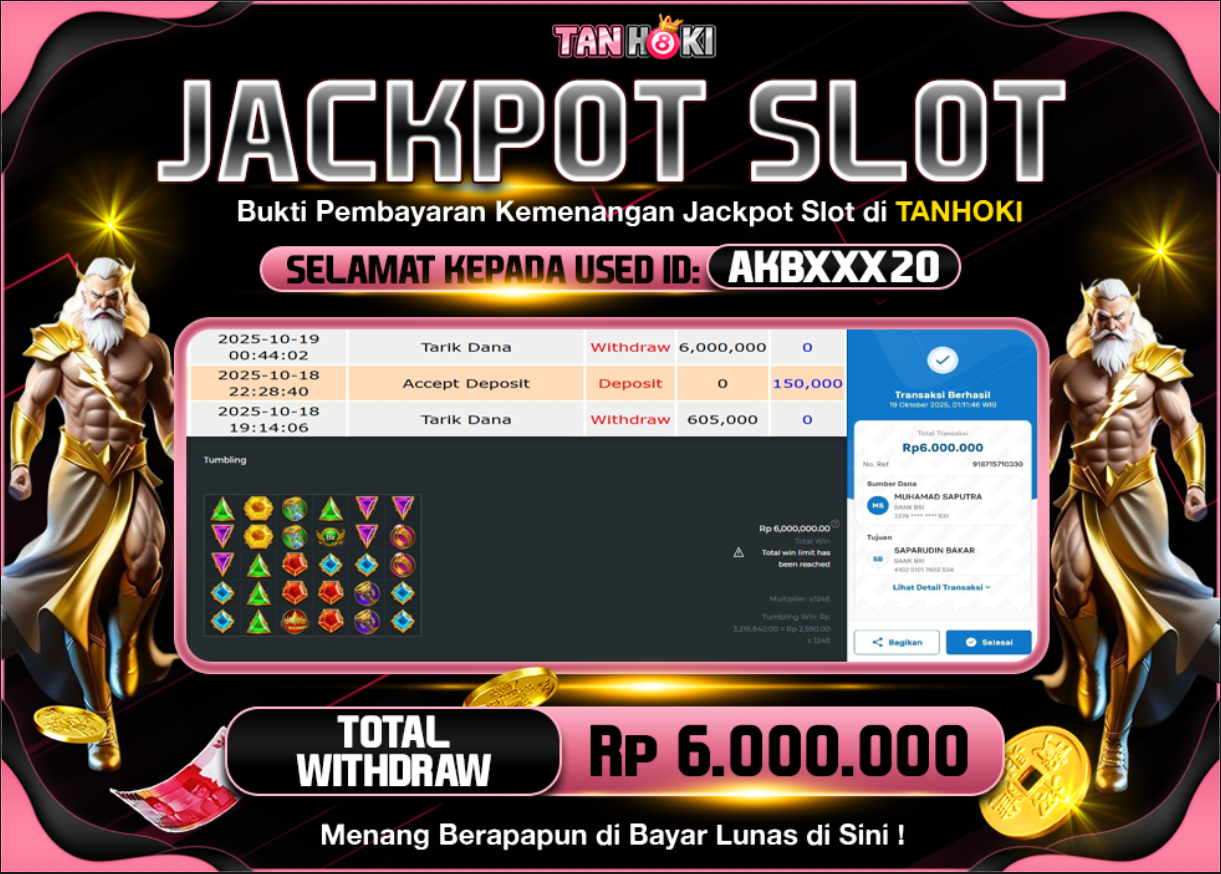 TANHOKI JACKPOT SLOT GATES OF OLYMPUS 1000 Rp.6.000.000,- LUNAS