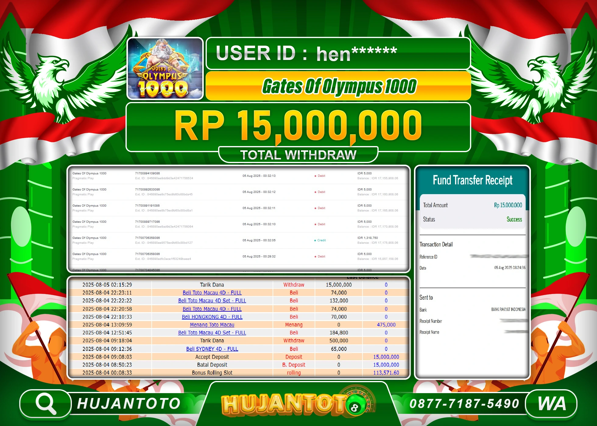 HUJANTOTO - BUKTI JACKPOT MENANG SLOT GATES OF OLYMPUS 1000 Rp.15,000,000 - TERBAYAR LUNAS