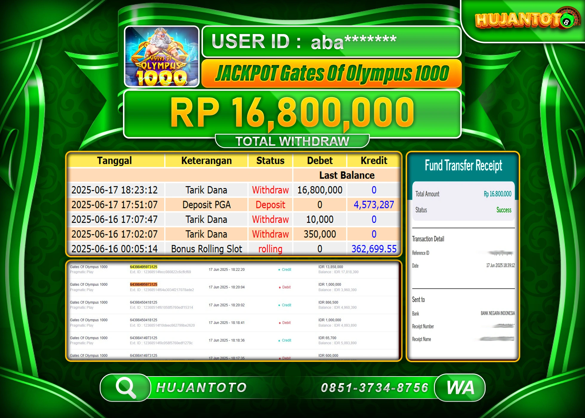 HUJANTOTO - BUKTI JACKPOT MENANG SLOT GATES OF OLYMPUS 1000 Rp.16,800,000 - TERBAYAR LUNAS