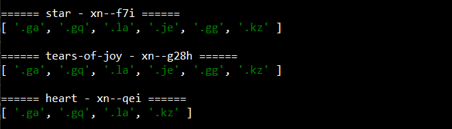 Console output showing available TLDs for emoji domains