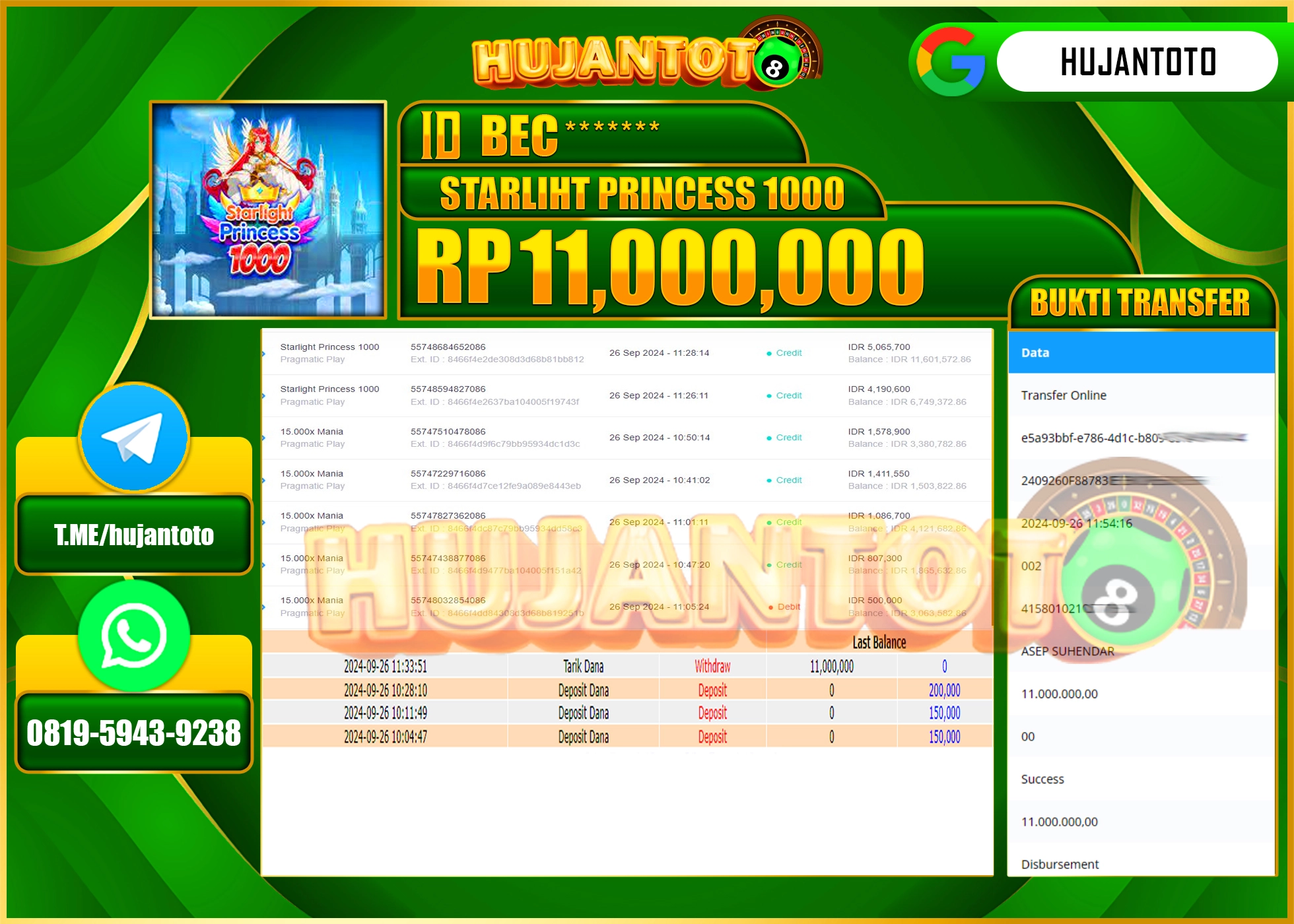 HUJANTOTO MENANG BESAR DI PERMAINAN SLOT STARLIGHT PRINCESS - 11,000,000 - LUNAS 