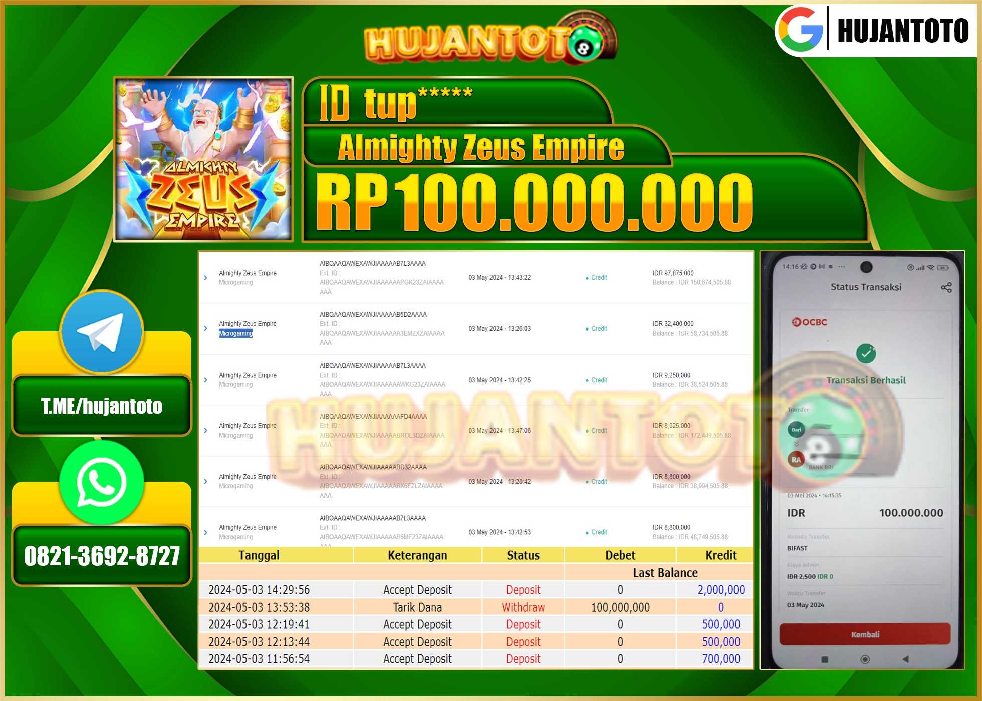 HUJANTOTO MENANG MICRO GAMING ALMIGHTY ZEUS EMPIRE 100.000.000 - LUNAS 