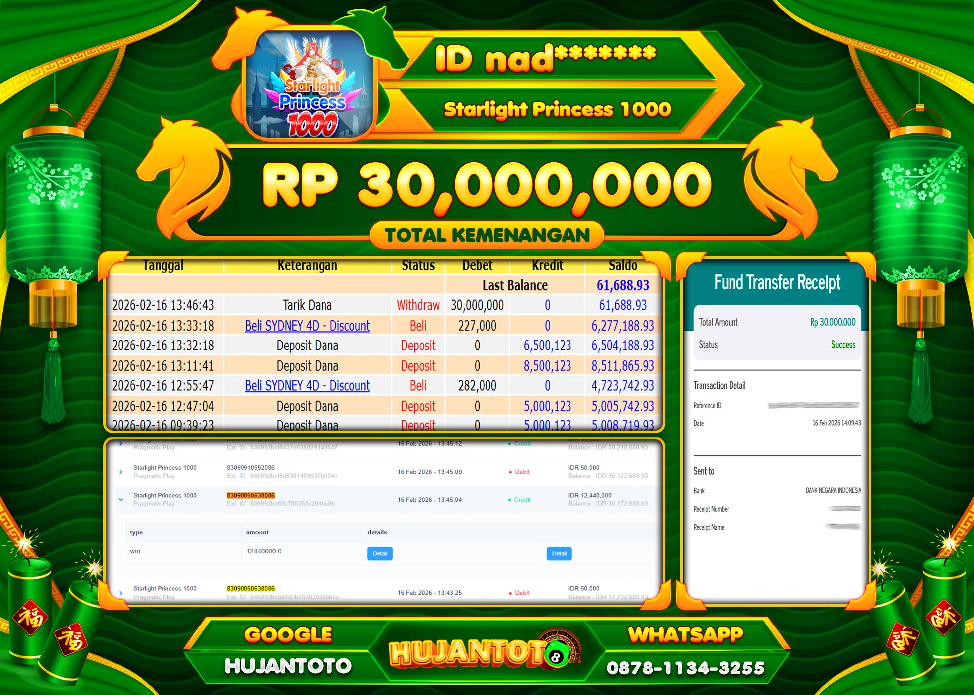 HUJANTOTO - BUKTI JACKPOT MENANG SLOT STARLIGHT PRINCESS 1000 Rp.30,000,000 - TERBAYAR LUNAS