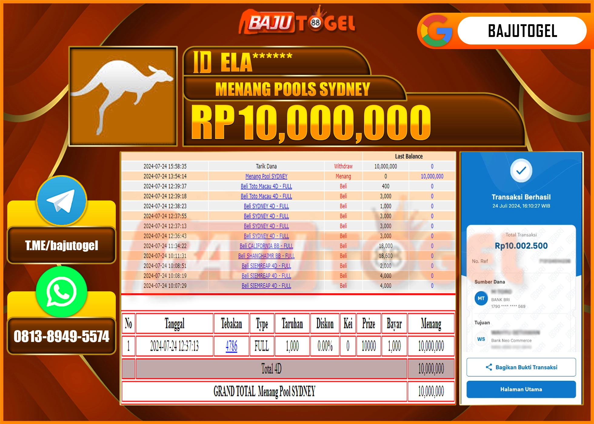 BAJUTOGEL KEMENANGAN PASARAN SYDNEY Rp.10.000.000 LUNAS