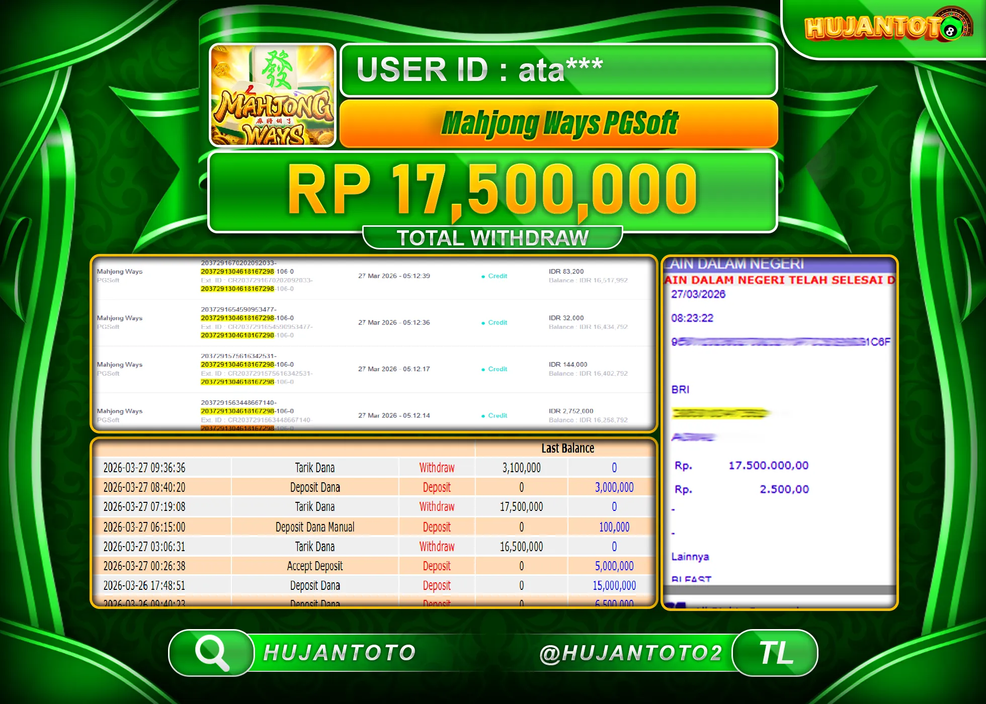 HUJANTOTO - BUKTI JACKPOT MENANG SLOT MAHJONG WAYS Rp.17,500,000 - TERBAYAR LUNAS