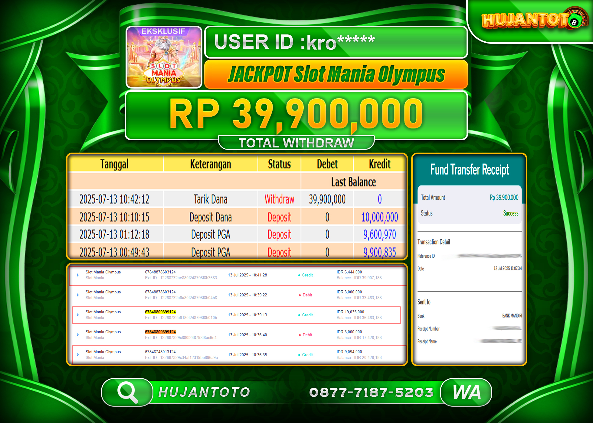 HUJANTOTO - BUKTI JACKPOT MENANG SLOT WILD BANDITO PG SOFT Rp.39,900,000 - TERBAYAR LUNAS