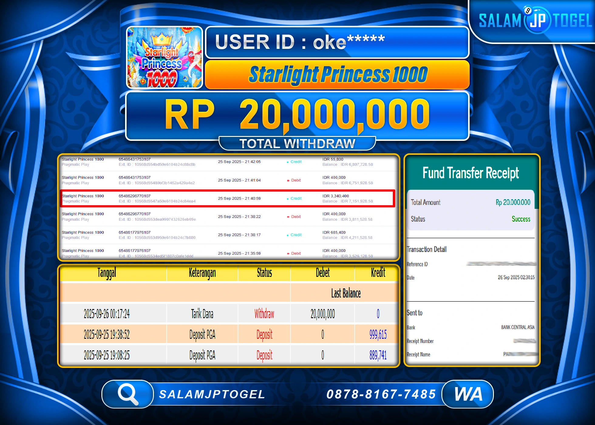 SALAMJPTOGEL MENANG STARLIGHT PRINCESS 1000  Rp.20,000,000
