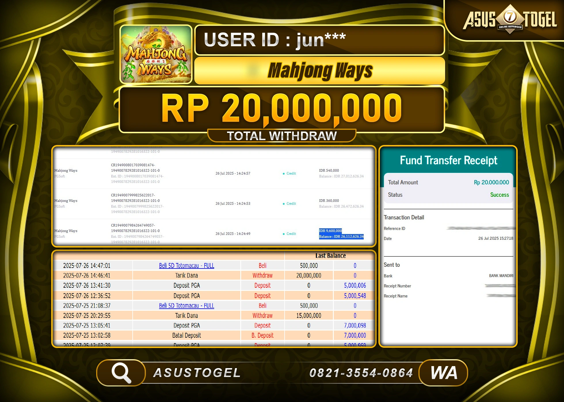 ASUSTOGEL KEMENANGAN DI SLOT MAHJONG WAYS SEBESAR 20,000,000- RUPIAH LUNAS