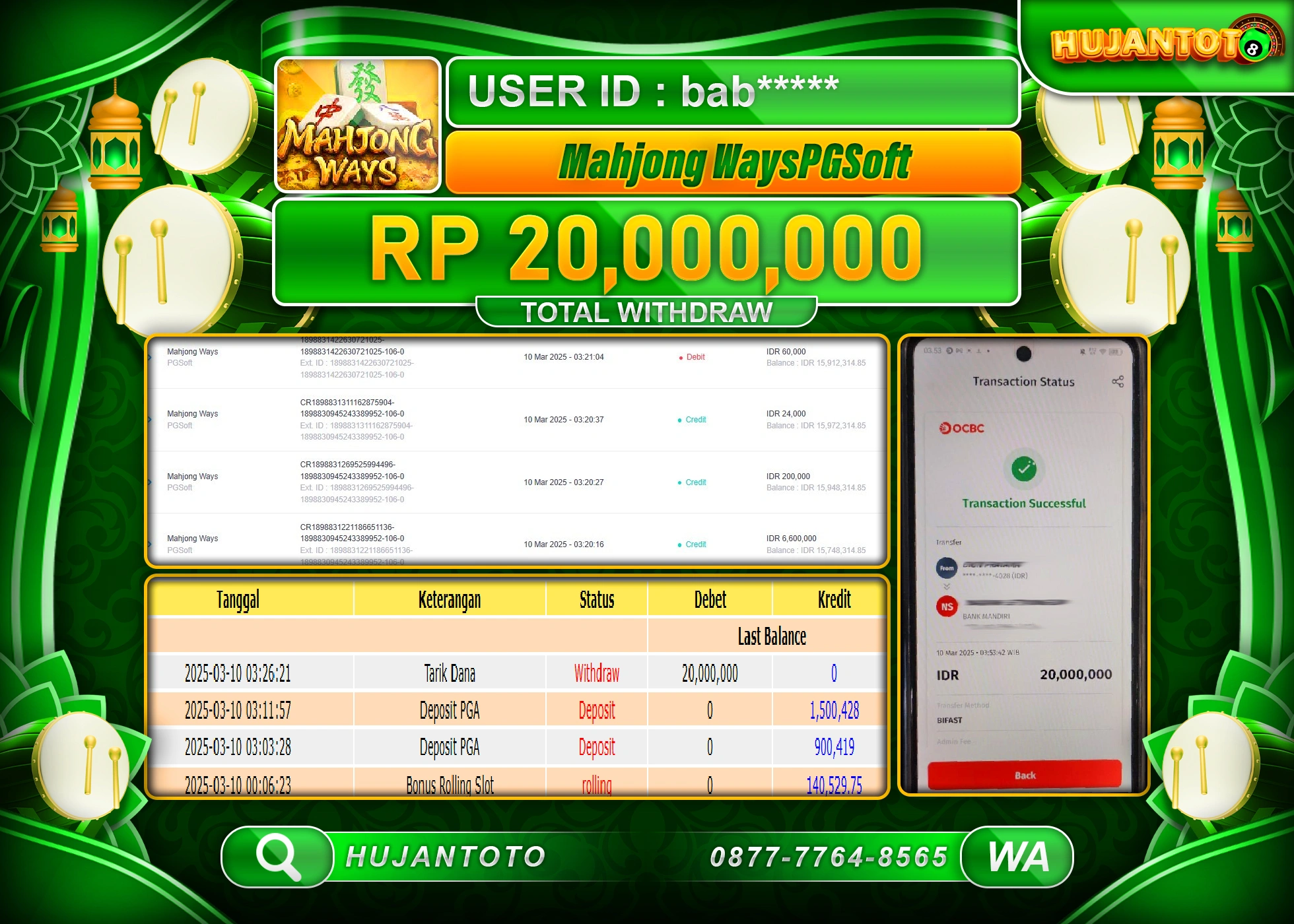 HUJANTOTO - BUKTI JACKPOT MENANG SLOT MAHJONG WAYS Rp,20,000,000 - TERBAYAR LUNAS