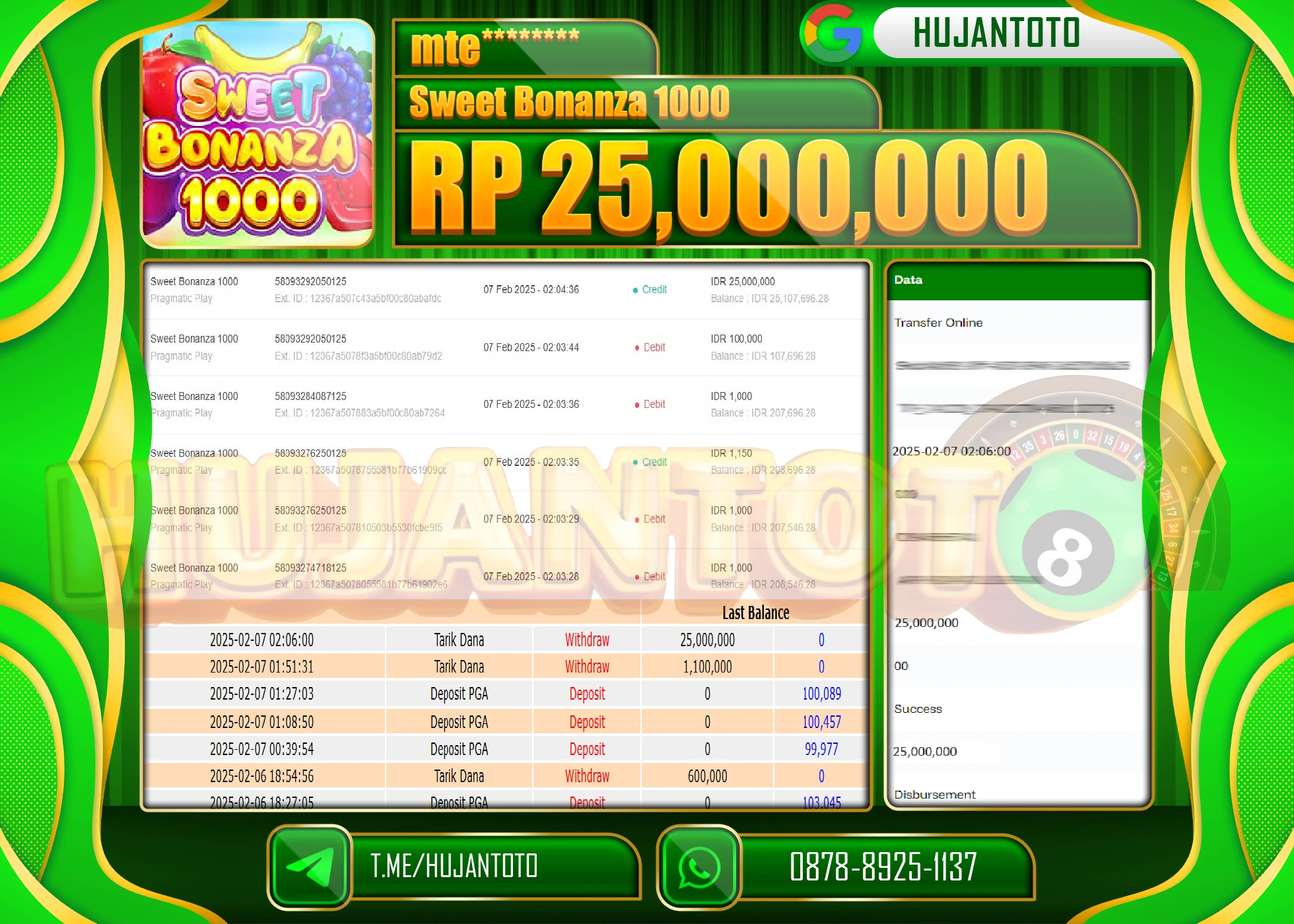 HUJANTOTO - BUKTI JACKPOT MENANG SLOT SWEET BONANZA 1000 Rp,25,000,000 - TERBAYAR LUNAS