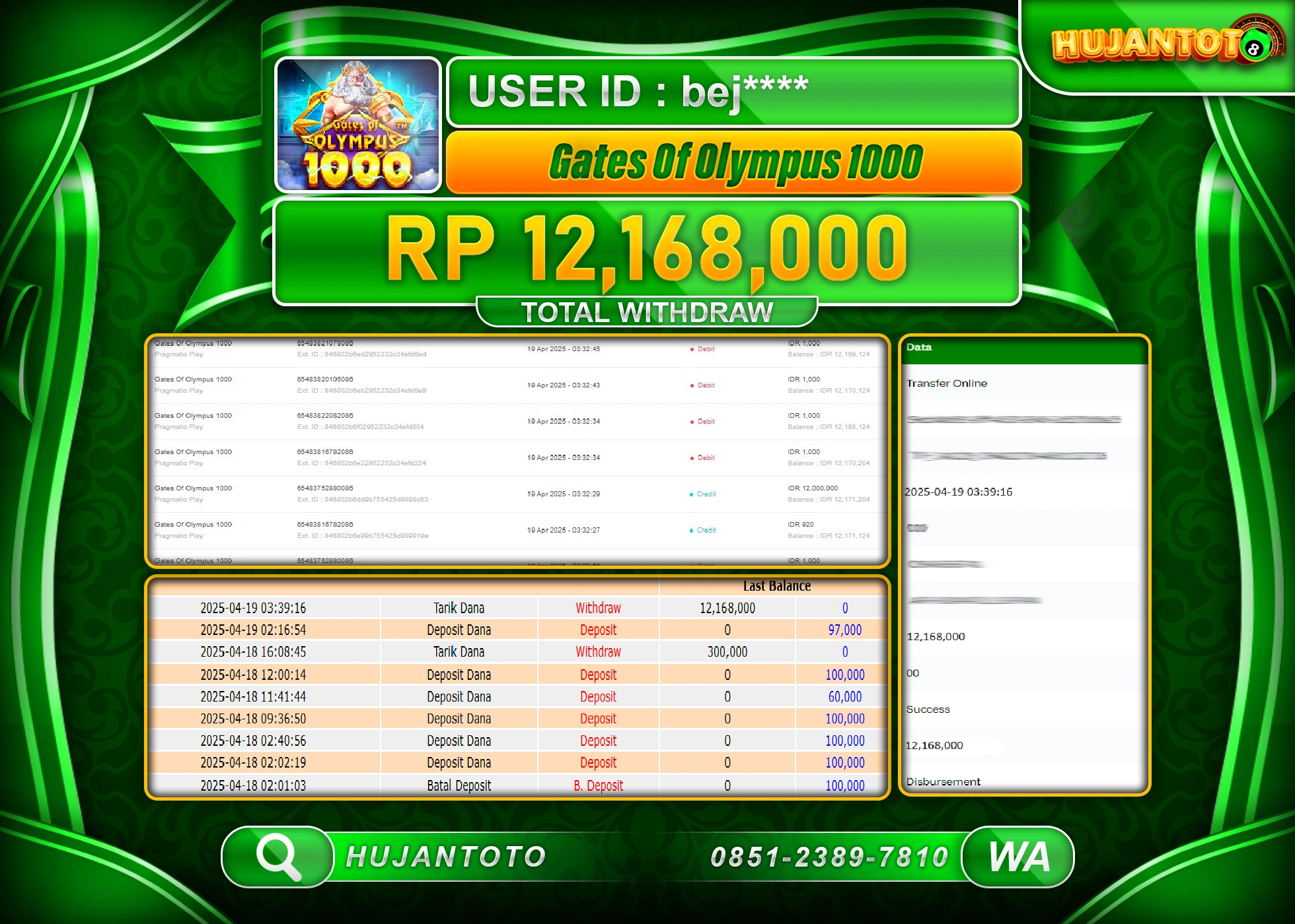 HUJANTOTO - BUKTI JACKPOT MENANG SLOT GATES OF OLYMPUS 1000 Rp,12,168,000  - TERBAYAR LUNAS