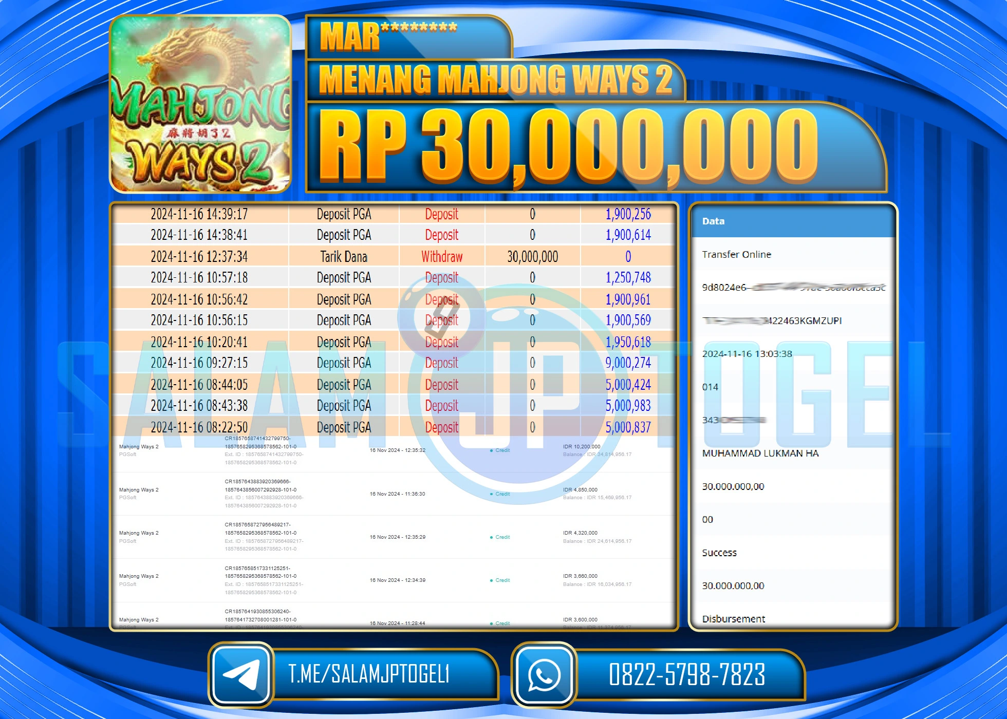 SALAMJPTOGEL MENANG PGSOFT Mahjong Ways 2 RP.30,000,000 LUNAS