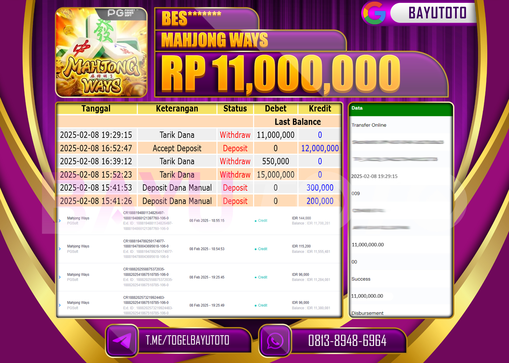 BAYUTOTO JACKPOT DI GAME MAHJONG WAYS PG SOFT Rp.11.000.000 LUNAS