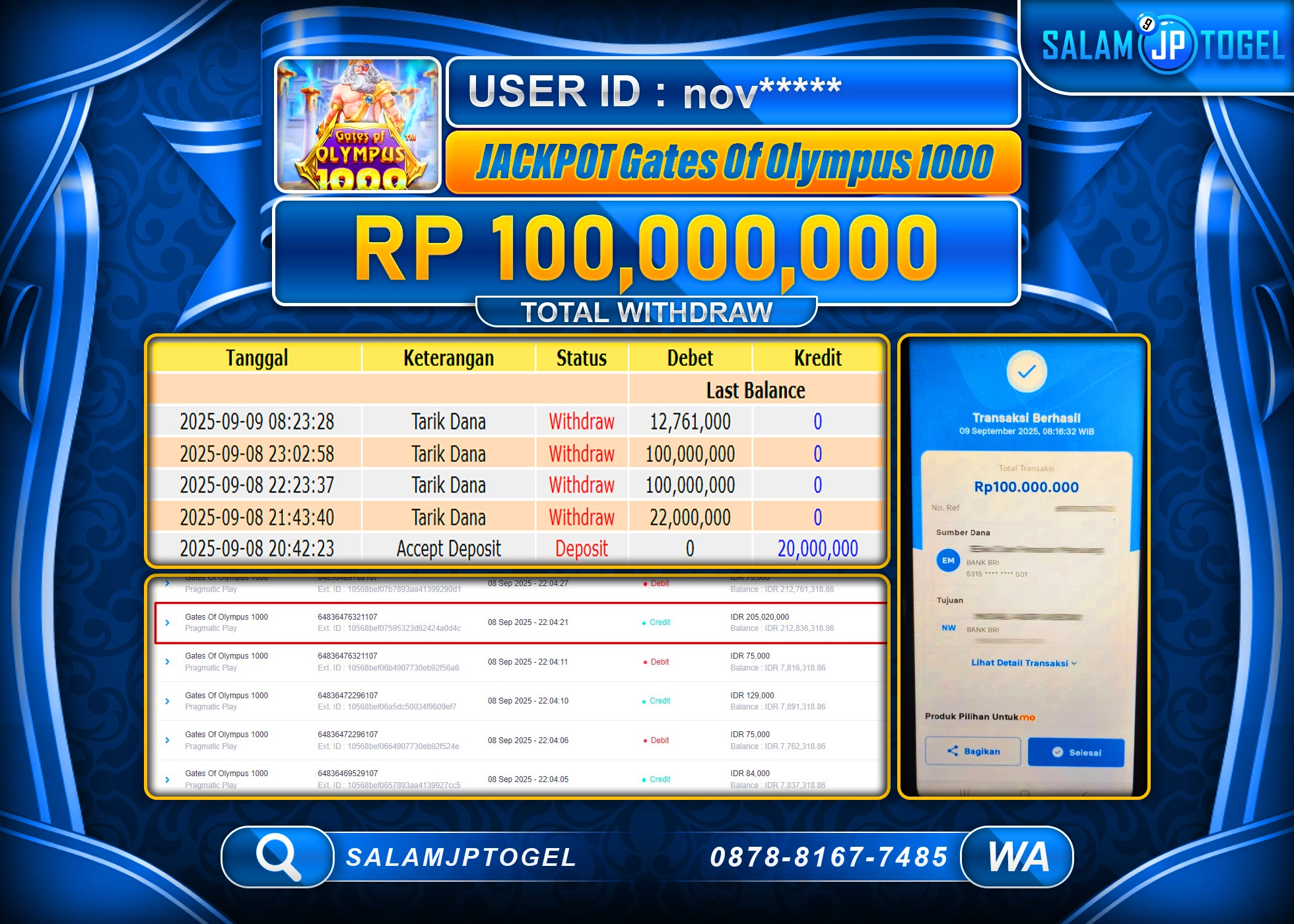 SALAMJPTOGEL MENANG GATES OF OLYMPUS 1000  Rp.100,000,000