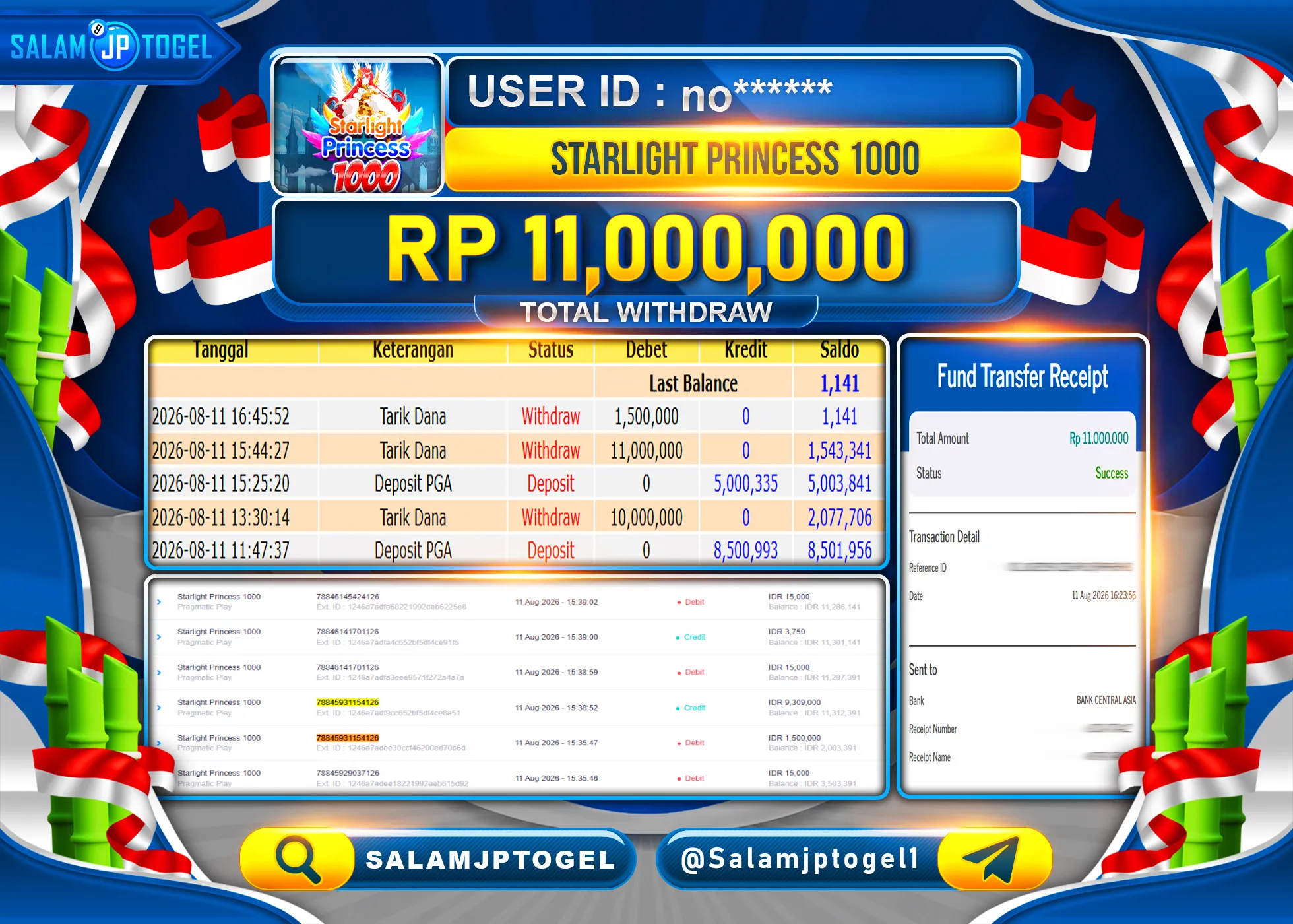 SALAMJPTOGEL JACKPOT MENANG SLOT STARLIGHT PRINCESS 1000 Rp.11,000,000 - LUNAS