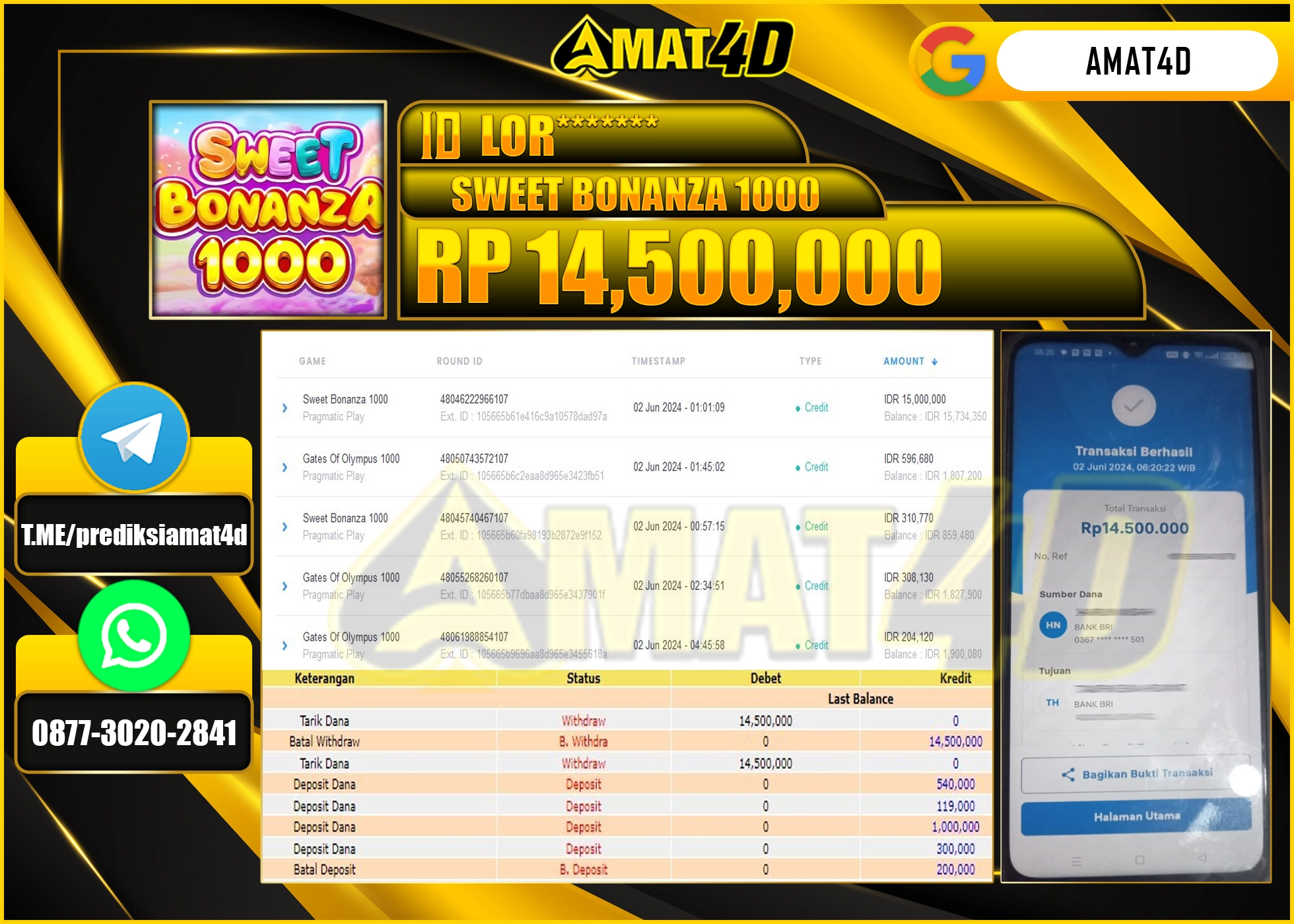 AMAT4D JACKPOT SLOT SWEET BONANZA 1000 Rp.14.500.000 BERHASIL DI BAYAR LUNAS