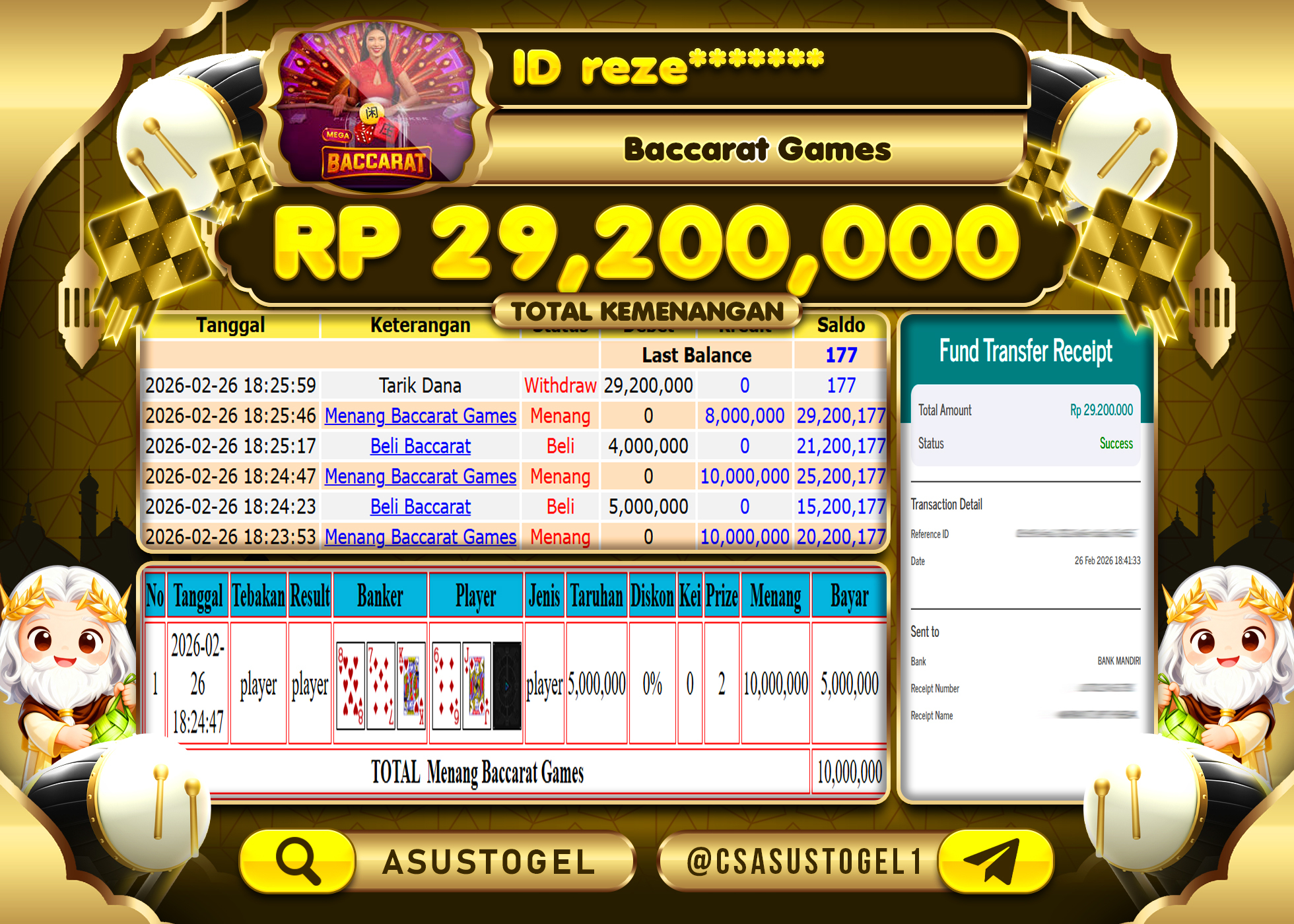 ASUSTOGEL KEMENANGAN DI BACCARAT GAMES SEBESAR 29,200,000 - RUPIAH LUNAS