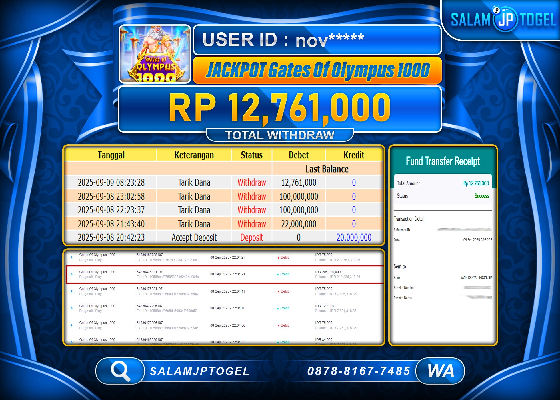 SALAMJPTOGEL MENANG GATES OF OLYMPUS 1000  Rp.12,761,000