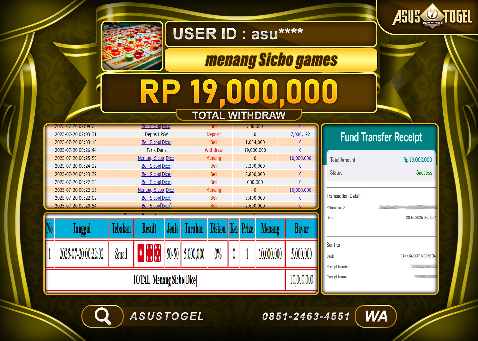 ASUSTOGEL KEMENANGAN DI LIVEGAMES SICBO GAMES SEBESAR 19,000,000- RUPIAH LUNAS