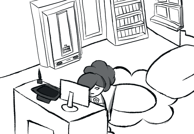 Woman with hair tyed back sitting at the computer when the lights go out.