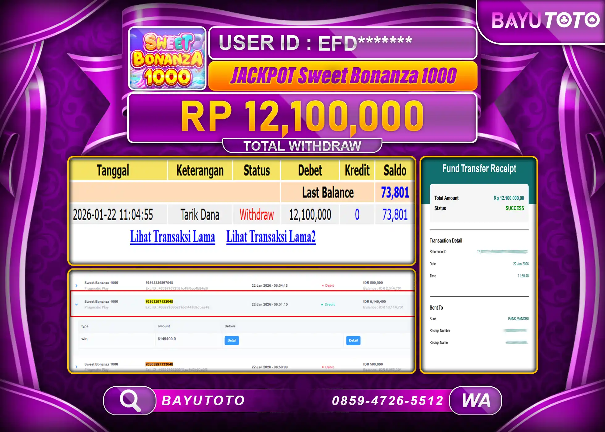 SELAMAT KEPADA MEMBER BAYUTOTO JACKPOT DI SLOT SWEET BONANZA 1000  Rp. 12,100,000 LUNAS